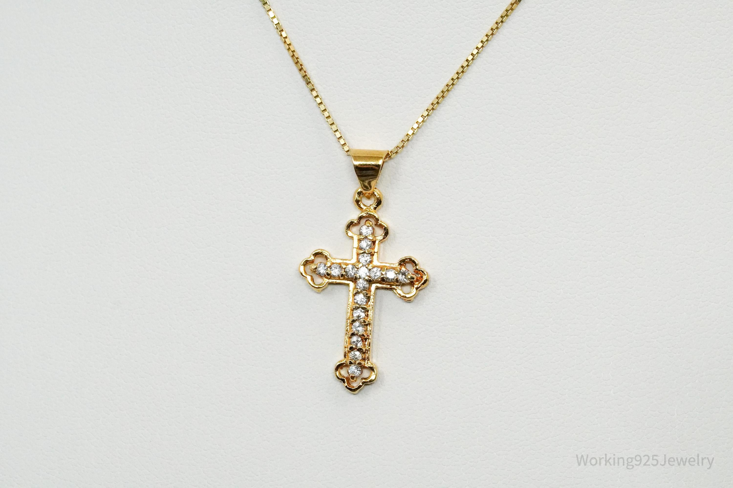 Vintage Cubic Zirconia Gold Over Sterling Silver Cross Necklace 22"