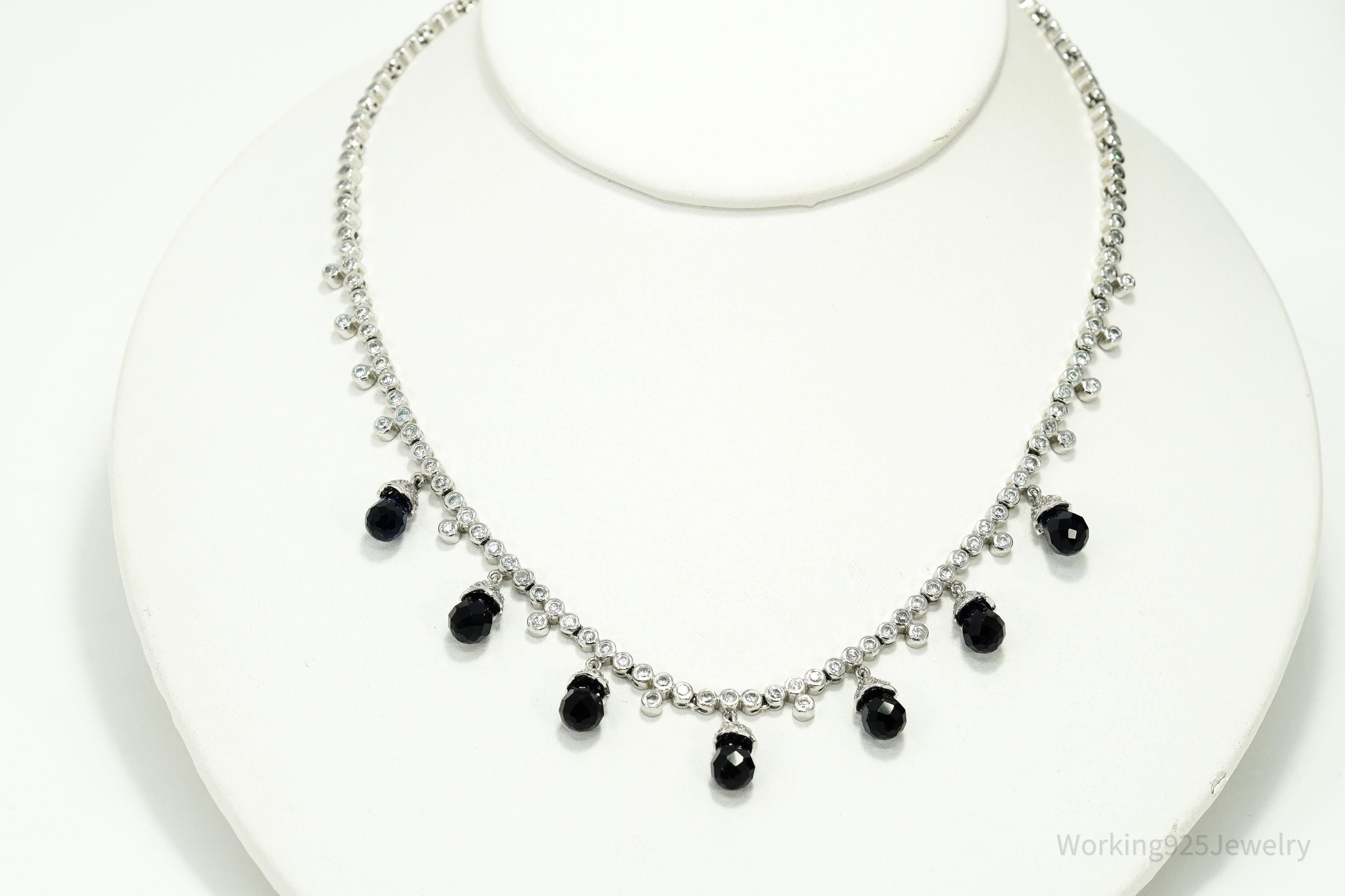 Vintage Lab Created Sapphire & Cubic Zirconia Sterling Silver Necklace 16"