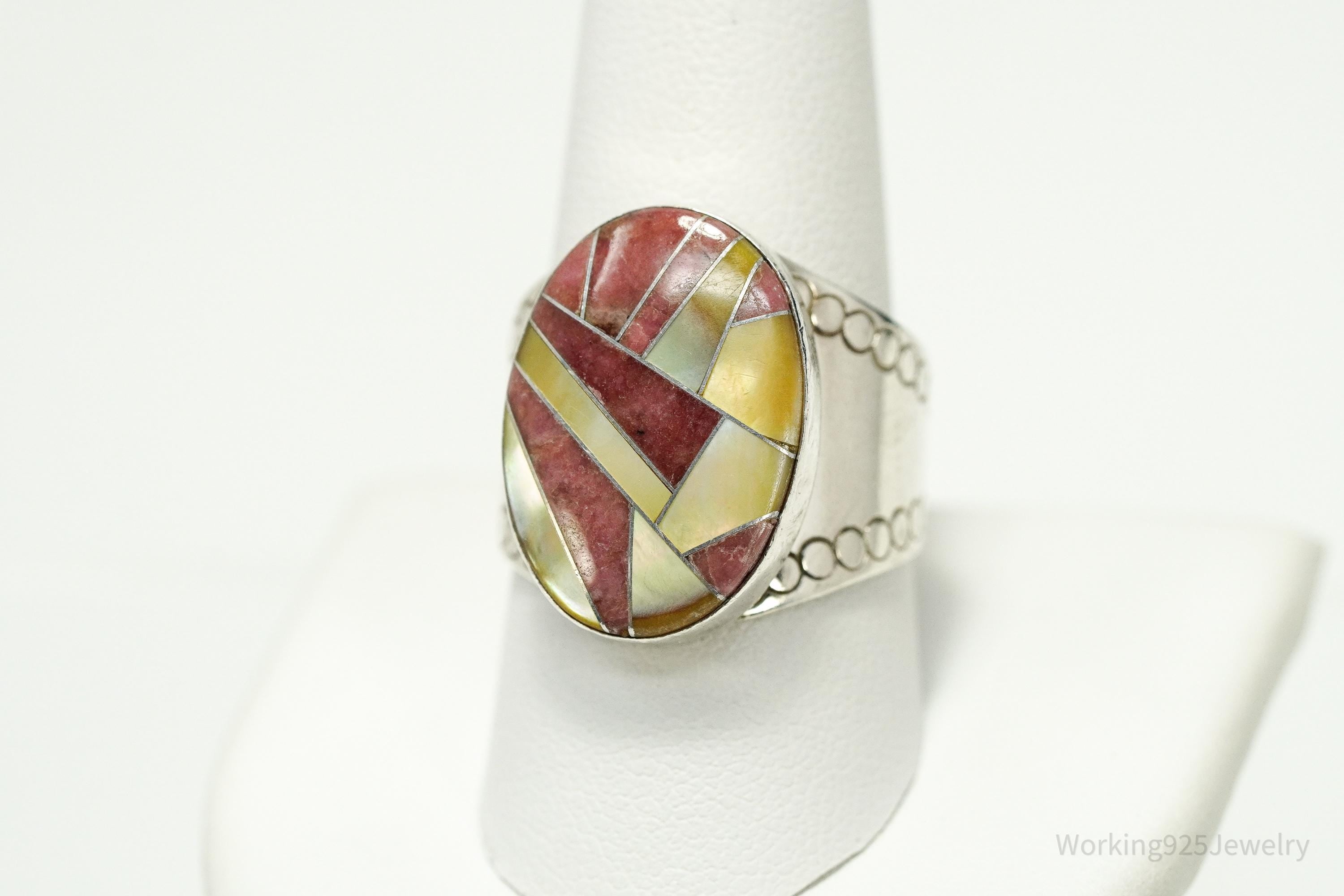 Vintage JAY KING Rhodonite & Mother Of Pearl Inlay Sterling Silver Ring - Size 10.25