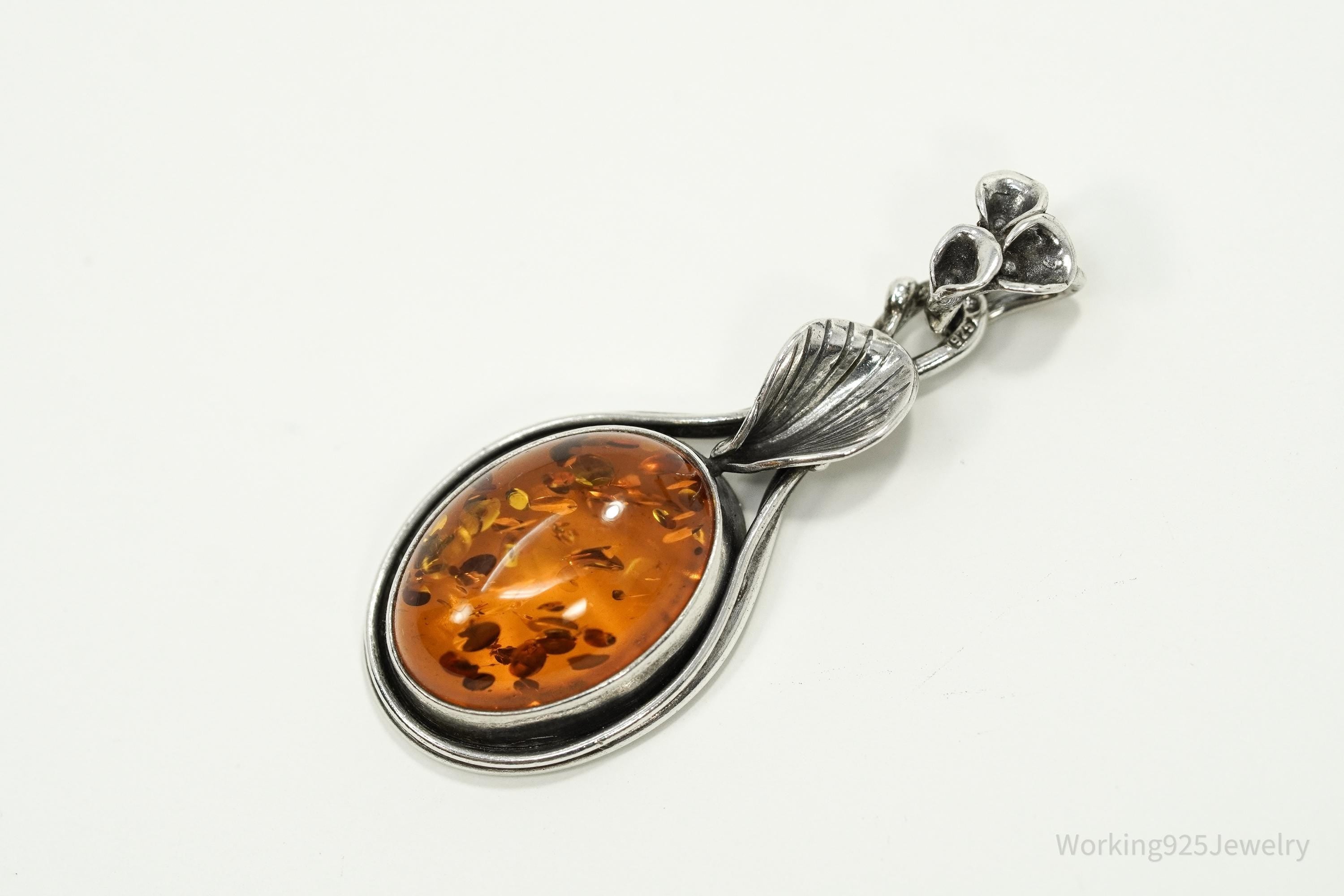 Vintage Sterling Silver Amber Pendant • Oval Cognac Baltic Gemstone Jewelry