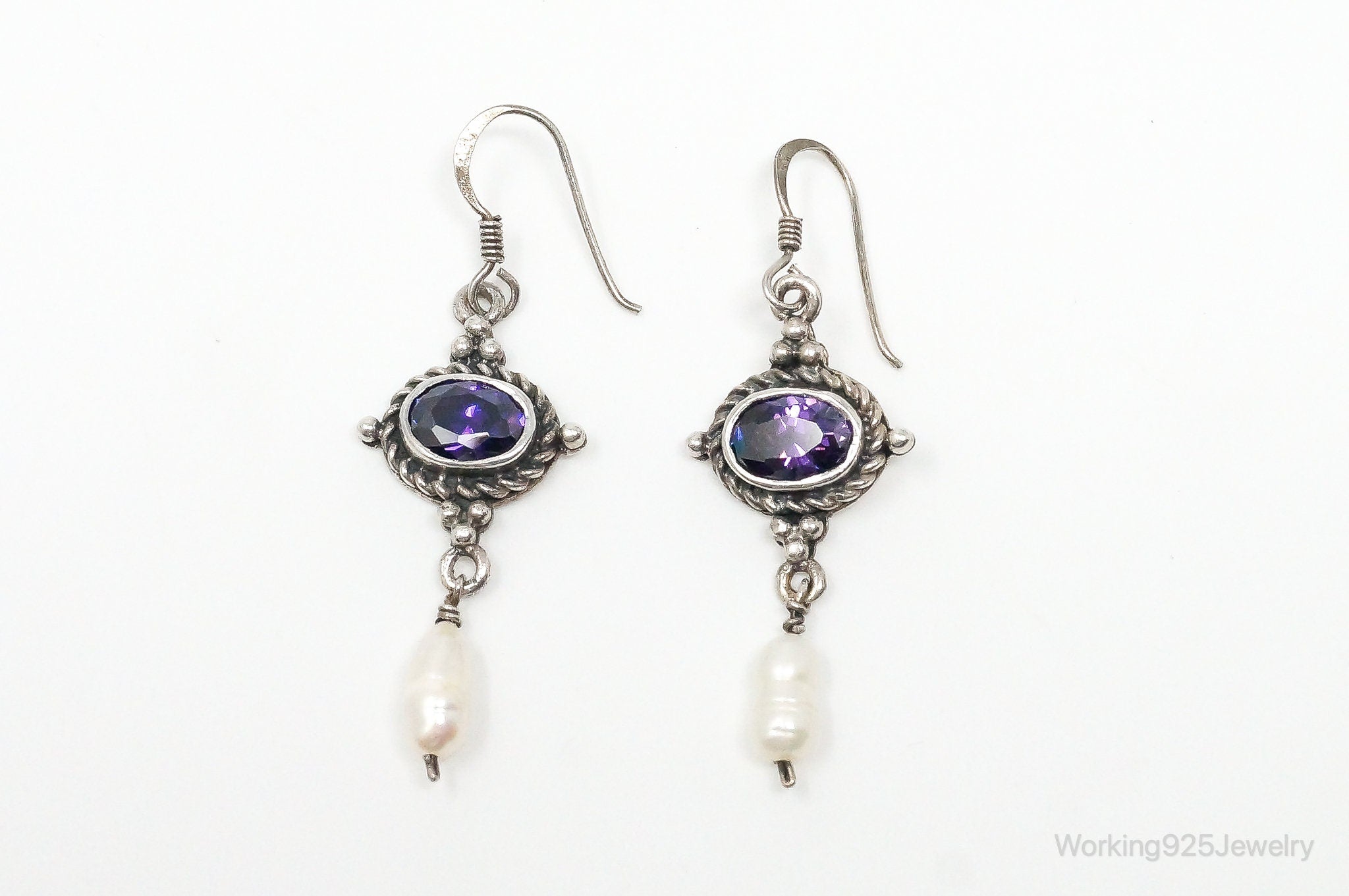 Vintage Pearl Amethyst Dangle Sterling Silver Earrings