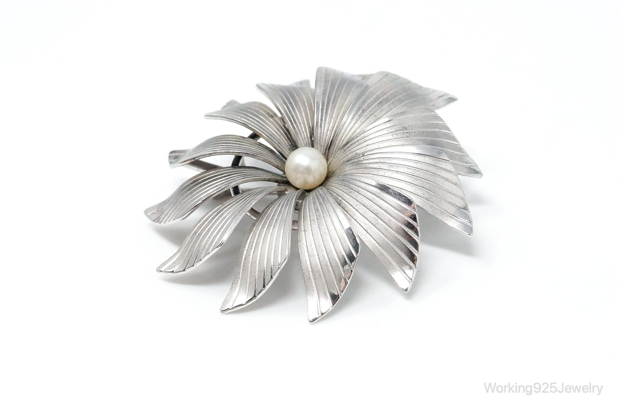 Vintage Designer Carl-Art Pearl Flower Sterling Silver Brooch Pin