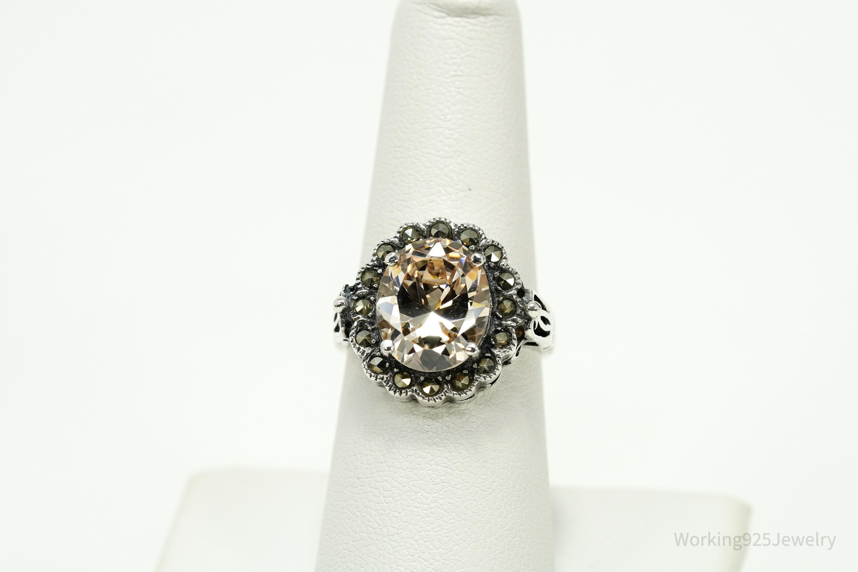 Vintage Large Champagne Cubic Zirconia & Marcasite Sterling Silver Ring - Size 7.25