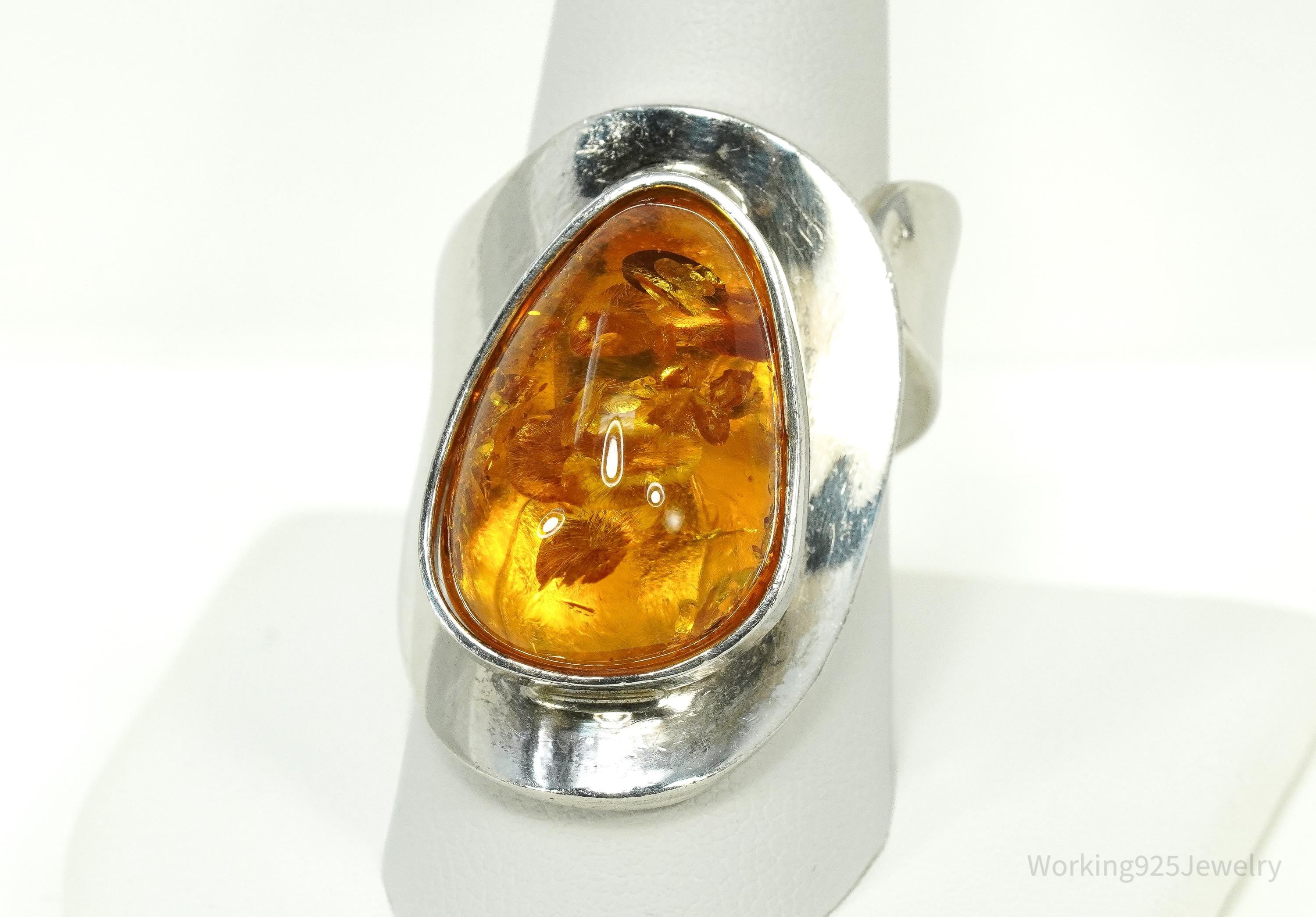 Vintage Large Amber Modernist Style Sterling Silver Ring - Size 9
