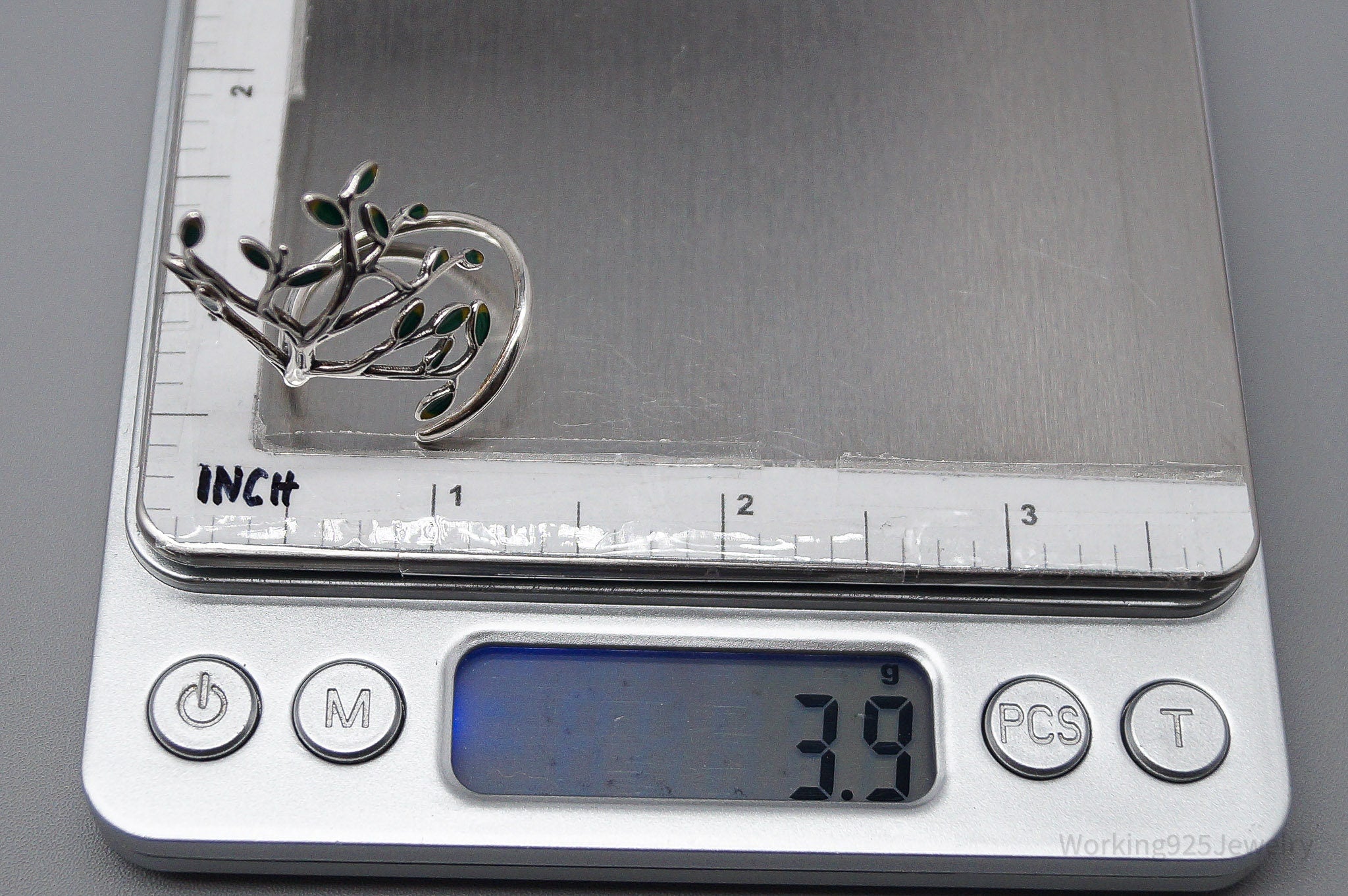 Vintage Tree Sterling Silver & Enamel Wrap Ring - Size 10.15 Adjustable