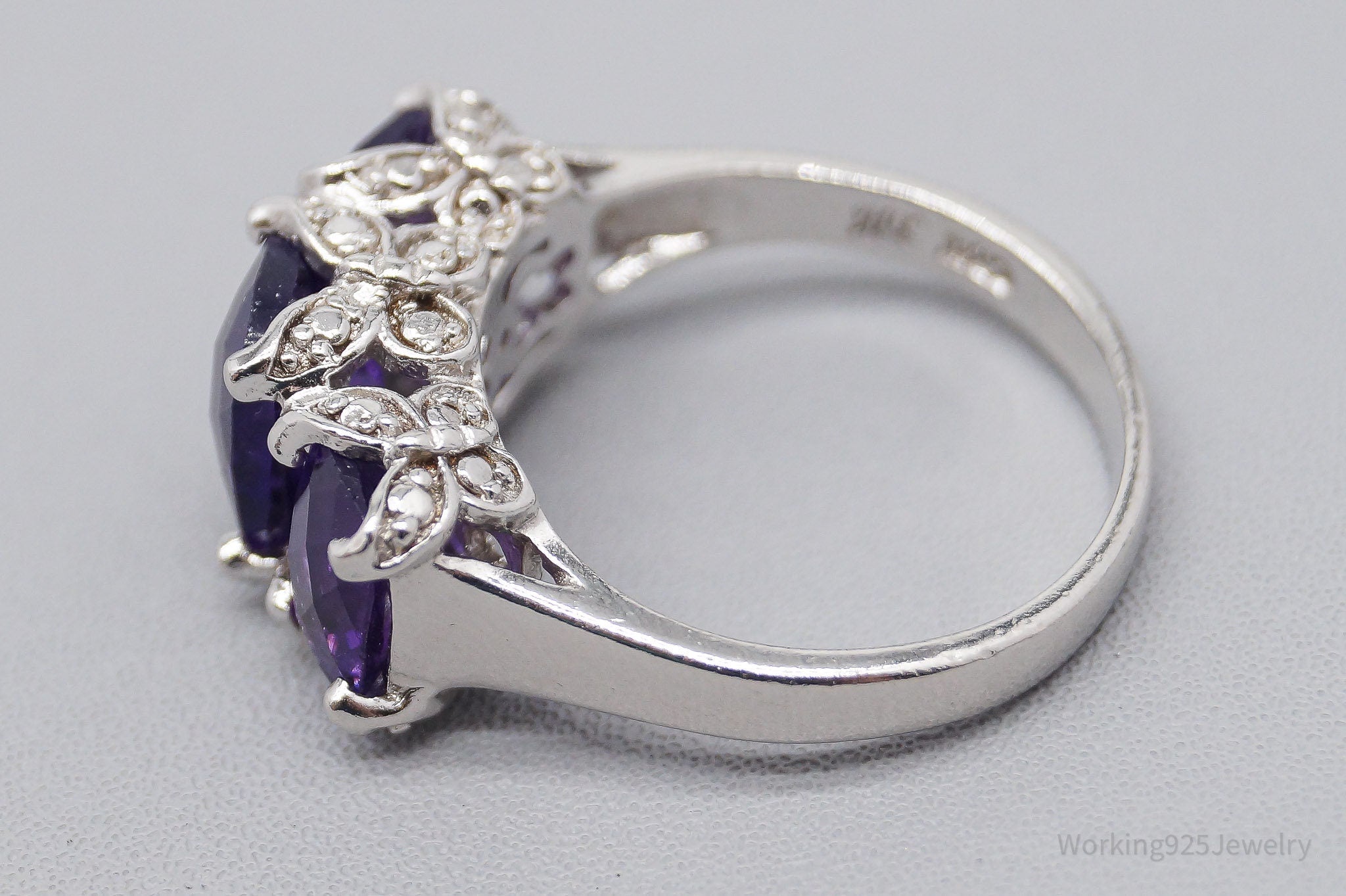 Vintage Designer HT Large Amethyst & Butterflies Sterling Silver Ring - Size 6