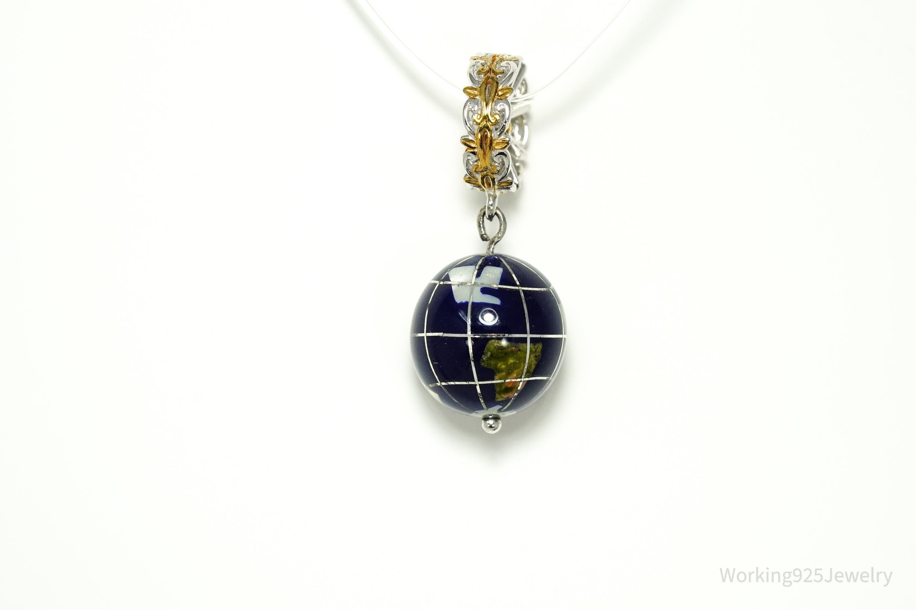Designer Michael Valitutti Multi Gem Inlay Globe Gold Sterling Silver Charm Pendant