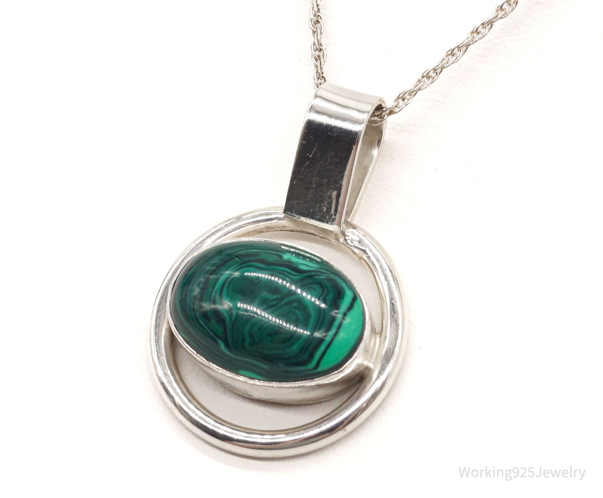 Vintage Mexico Large Malachite Modernist Sterling Silver Necklace