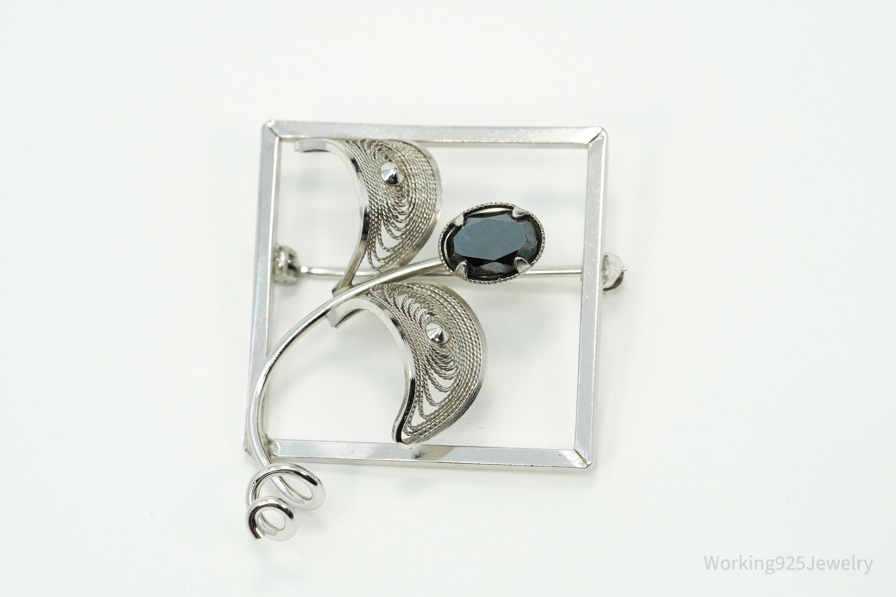 Vintage Designer CR Co Hematite Filigree Sterling Silver Brooch Pin
