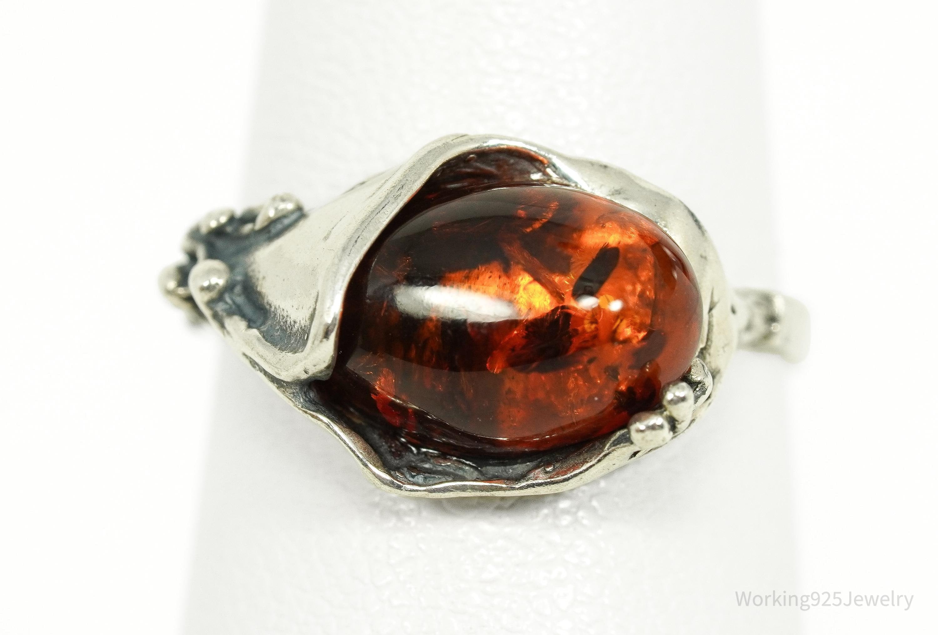Vintage Amber Modernist Style Sterling Silver Ring - Size 6.5