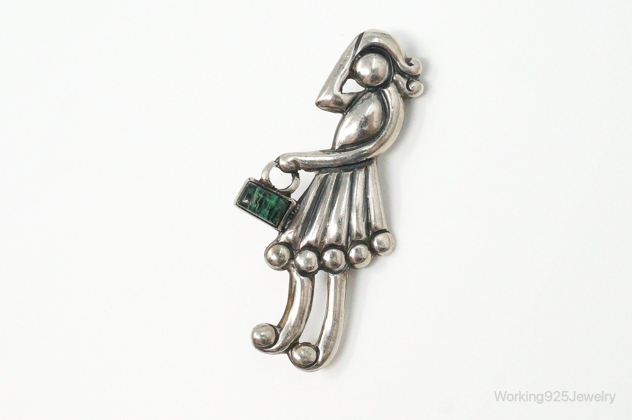 Vintage Taxco Mexico Turquoise Girl With Purse Silver Brooch Pin