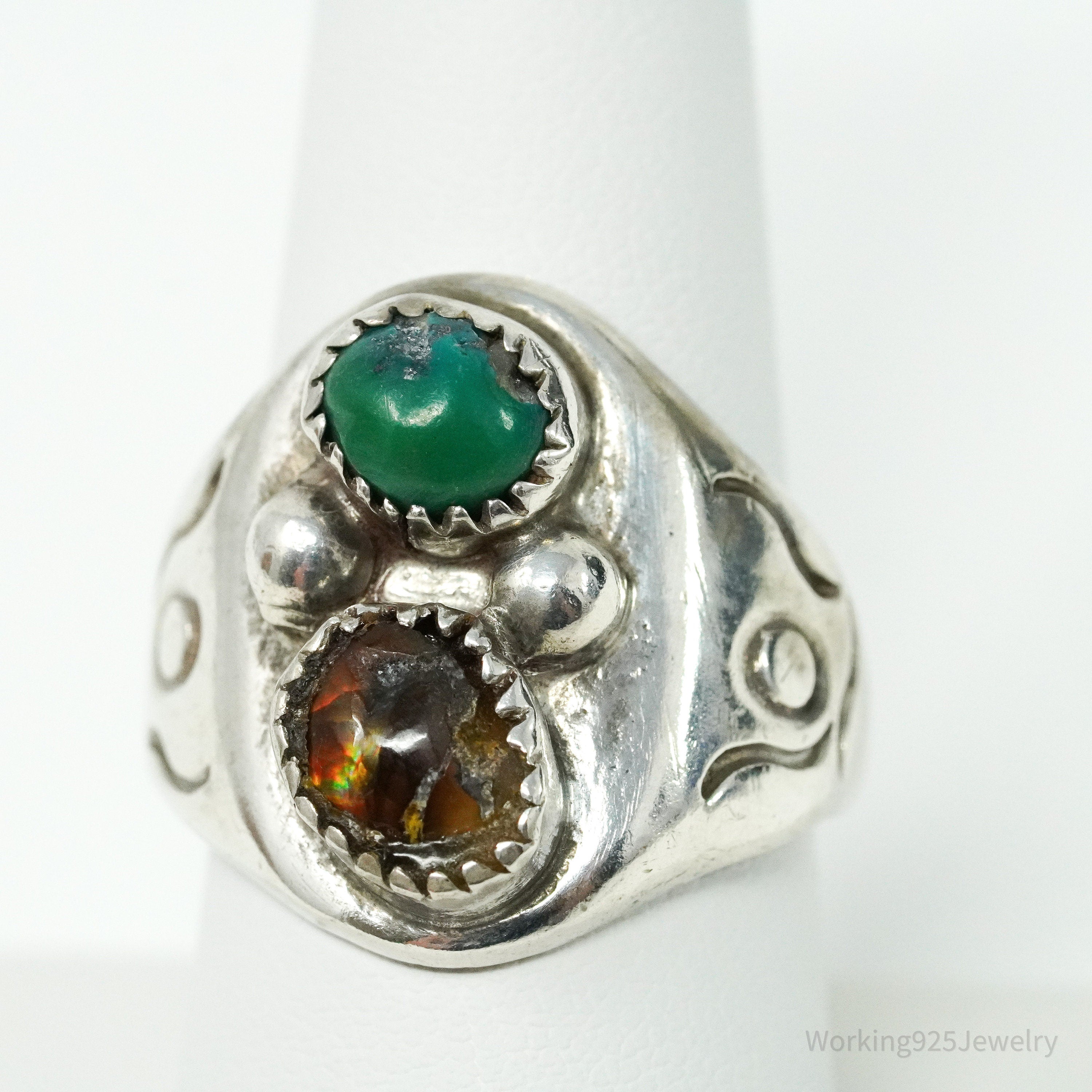 Vintage Native American Opal & Turquoise Handmade Silver Ring - Size 9
