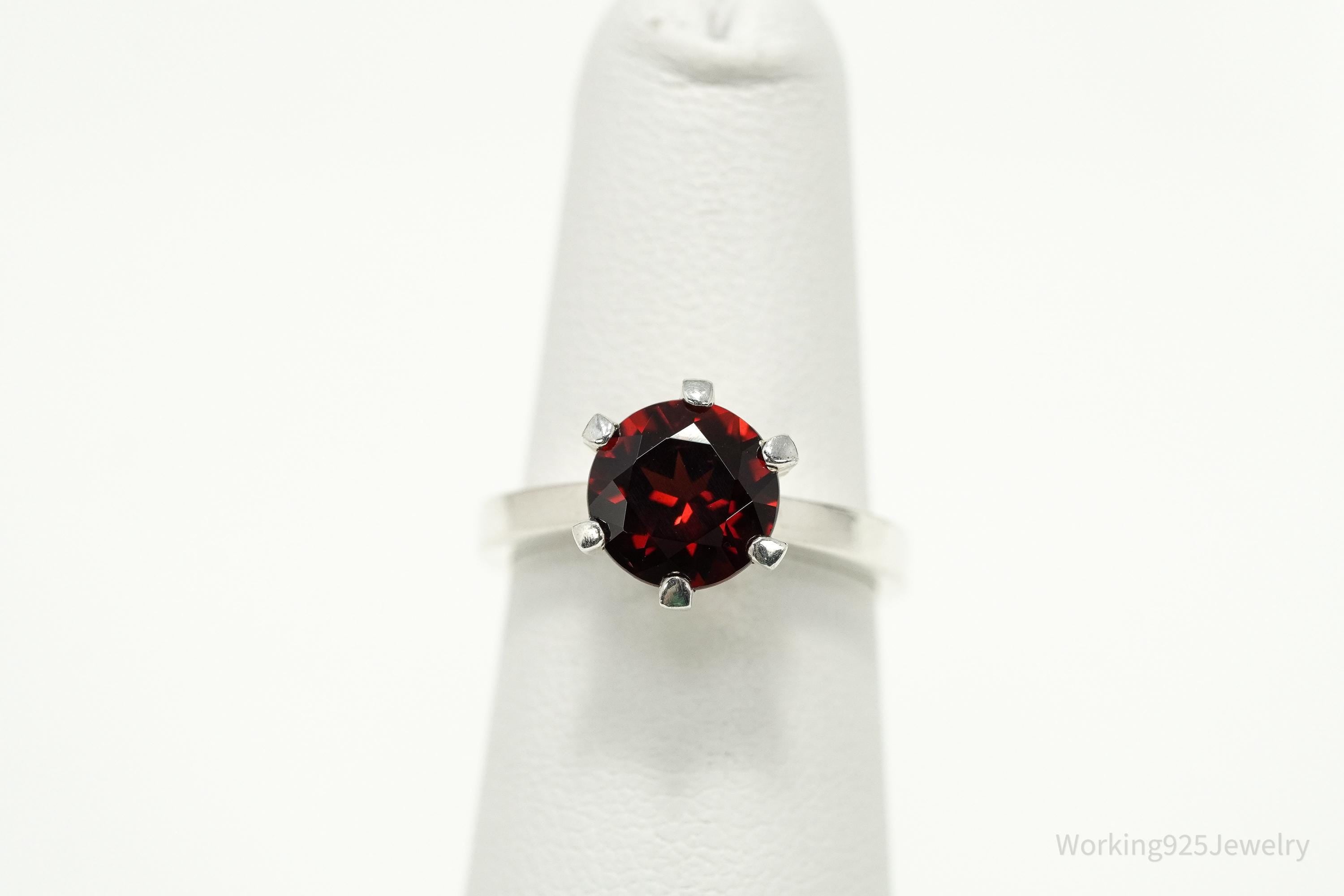 Vintage Sterling Silver Ring • Round Garnet Solitaire Gemstone Size 5