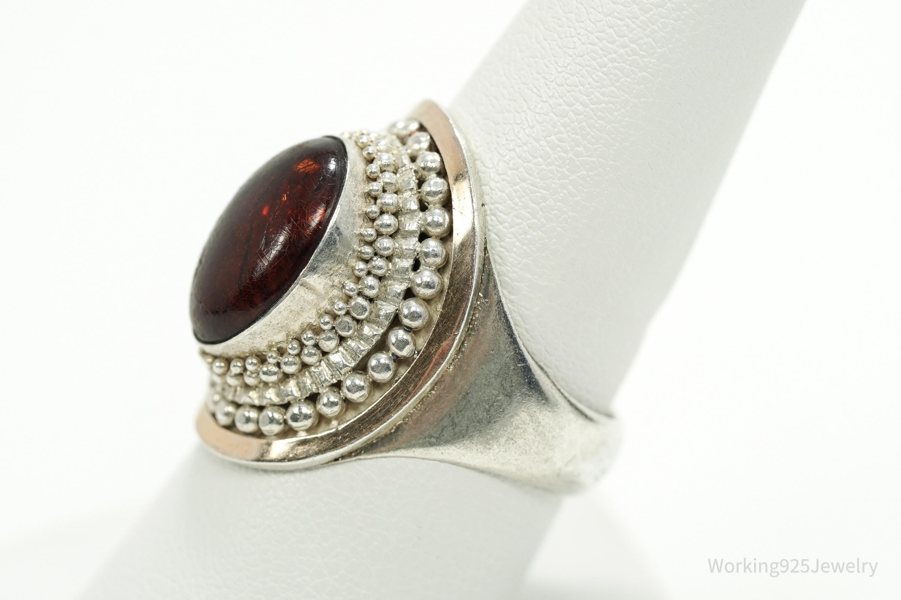 Vintage Amber Sterling Silver Gold Vermeil Ring - Size 8.25