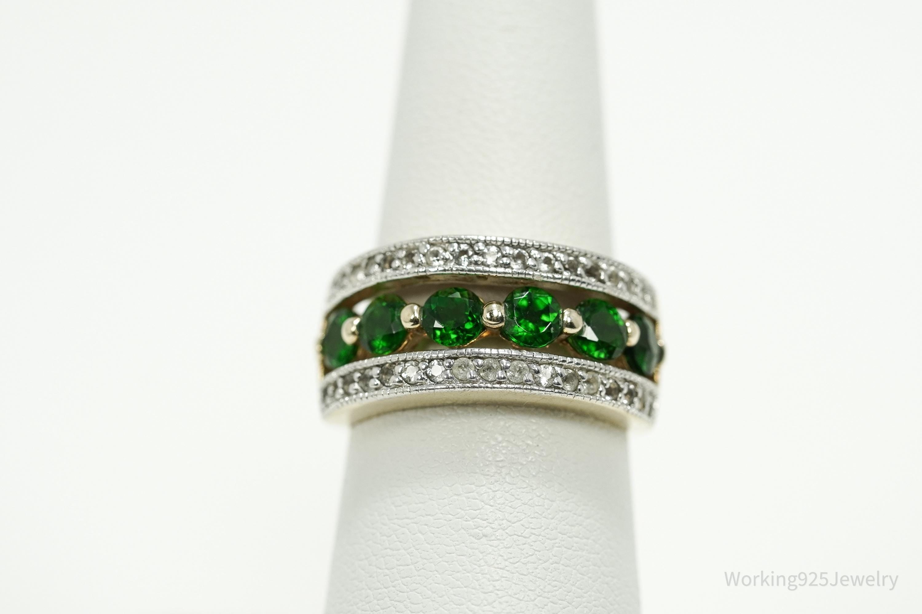 Vintage Green Chrome Diopside & White Topaz Gold Over Sterling Silver Ring - Size 6.75