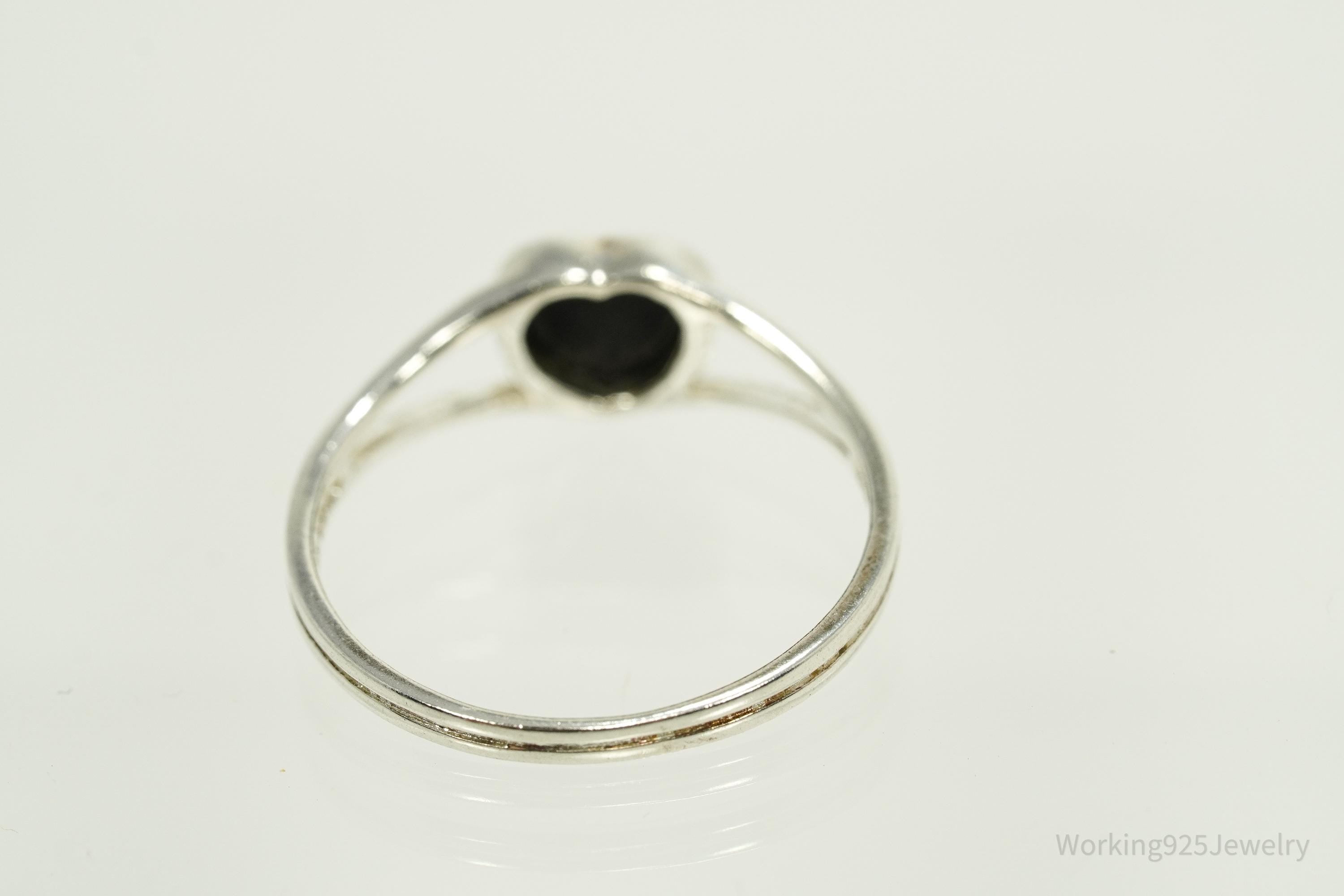 Vintage Black Onyx Inlay Heart Sterling Silver Ring - Size 8