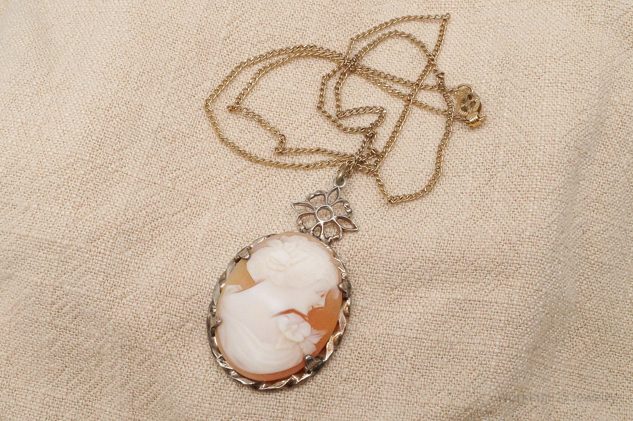 Antique Victorian Ostby Barton Shell Cameo Titanic 12K GF Sterling Silver Necklace 16"