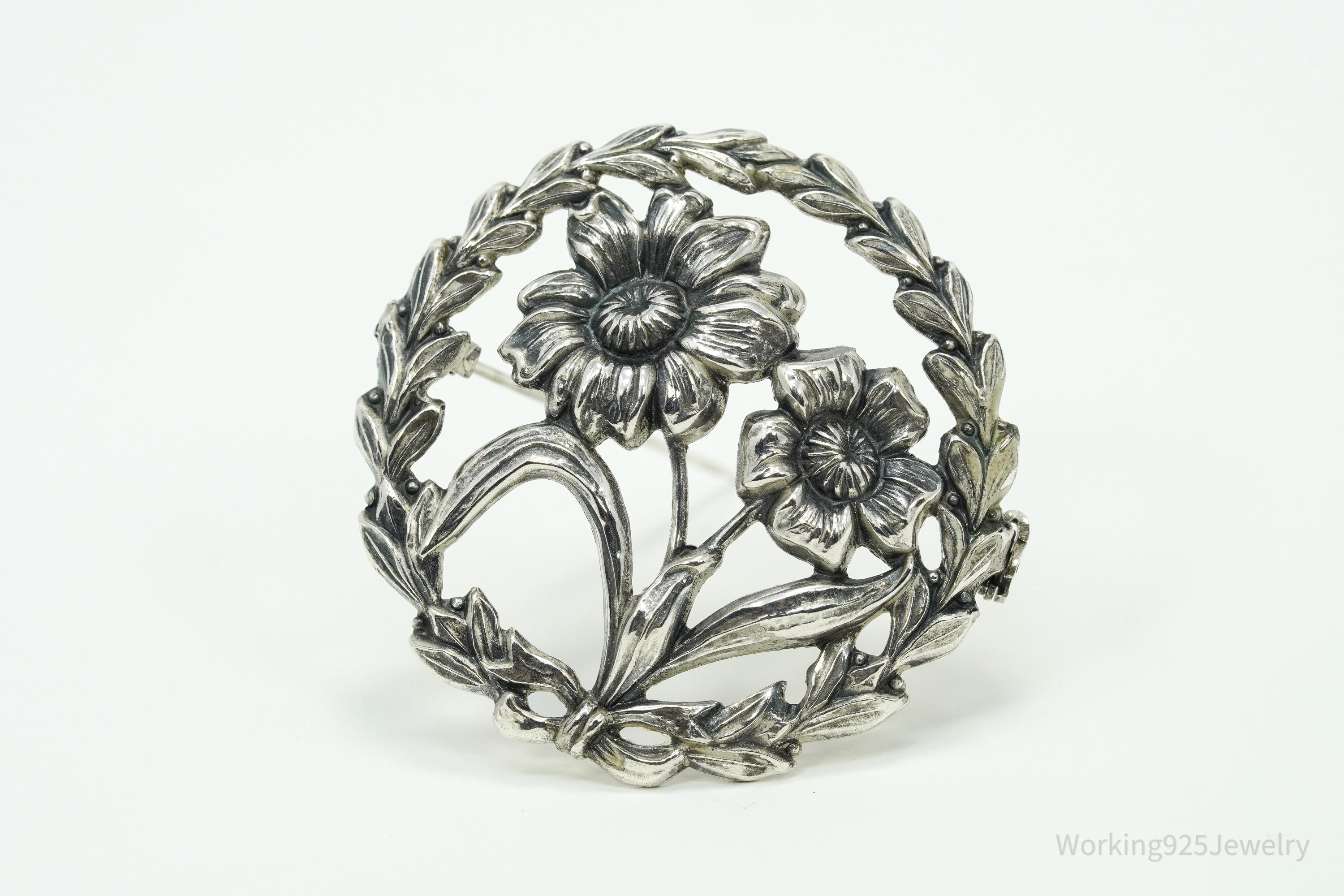 Antique Floral Wreath Sterling Silver Brooch Pin