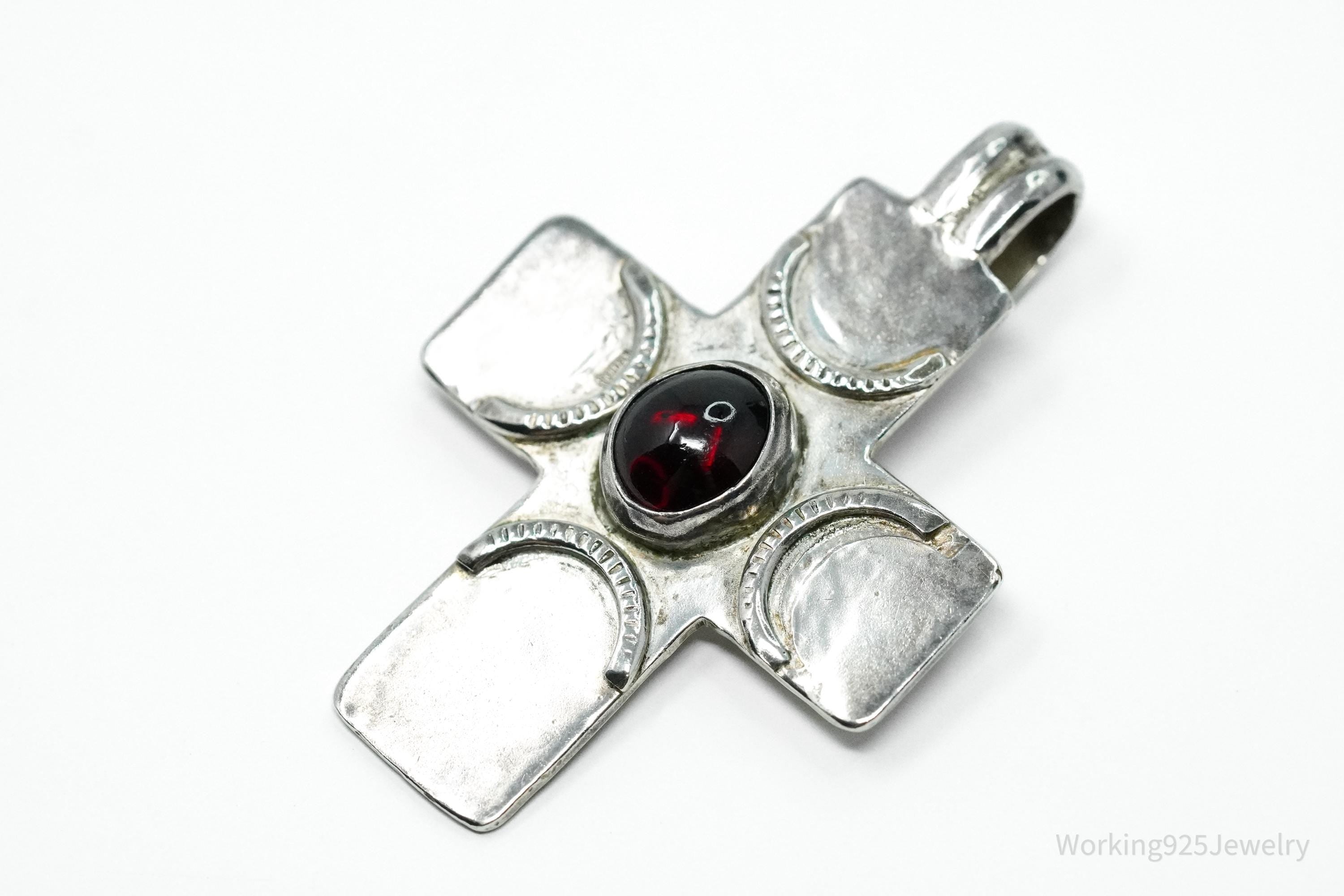 Large Vintage Rhodolite Garnet Silver Cross Pendant
