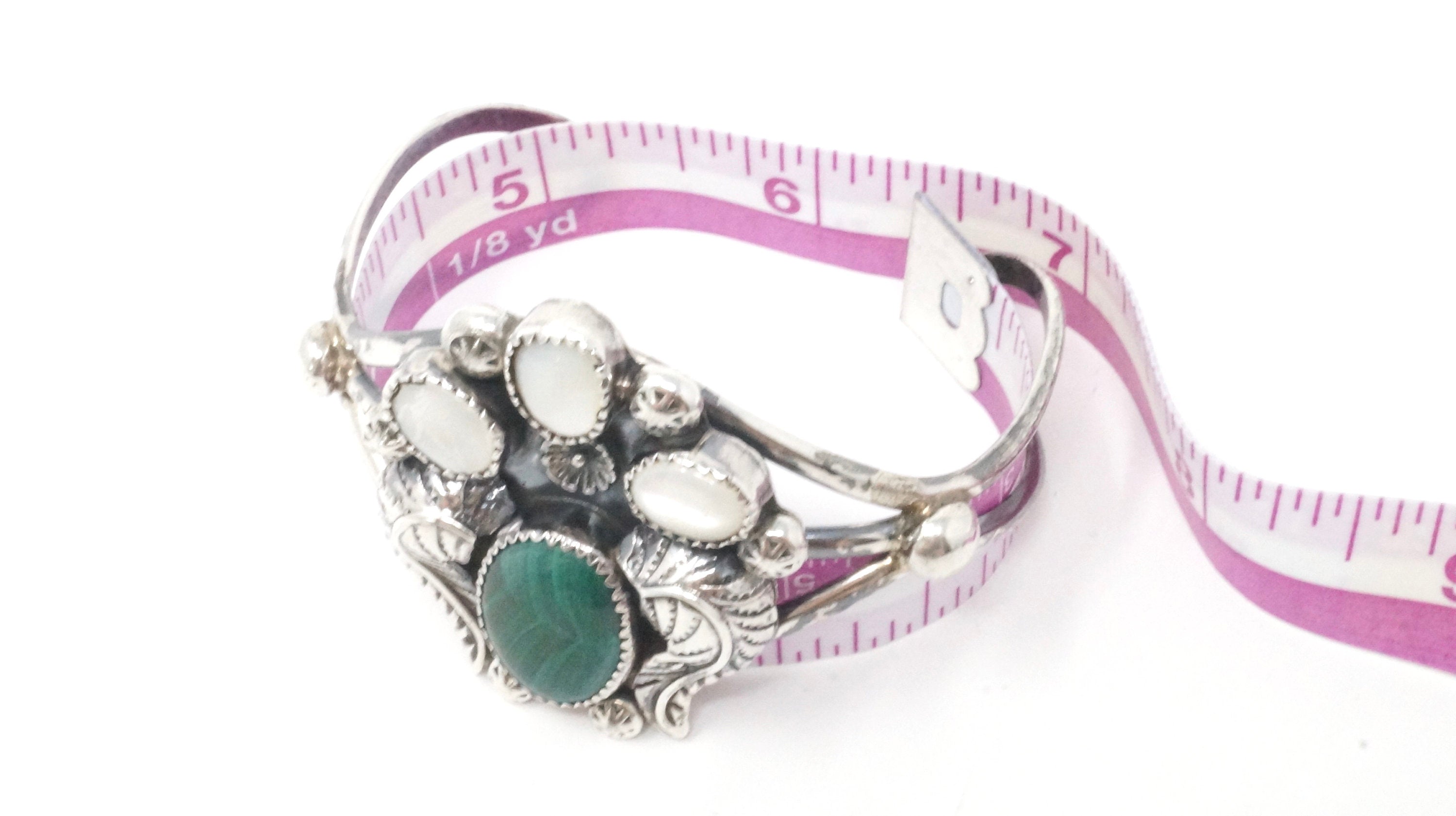 Vintage Malachite Mother of Pearl Sterling Silver Feather Design Cuff Bracelet