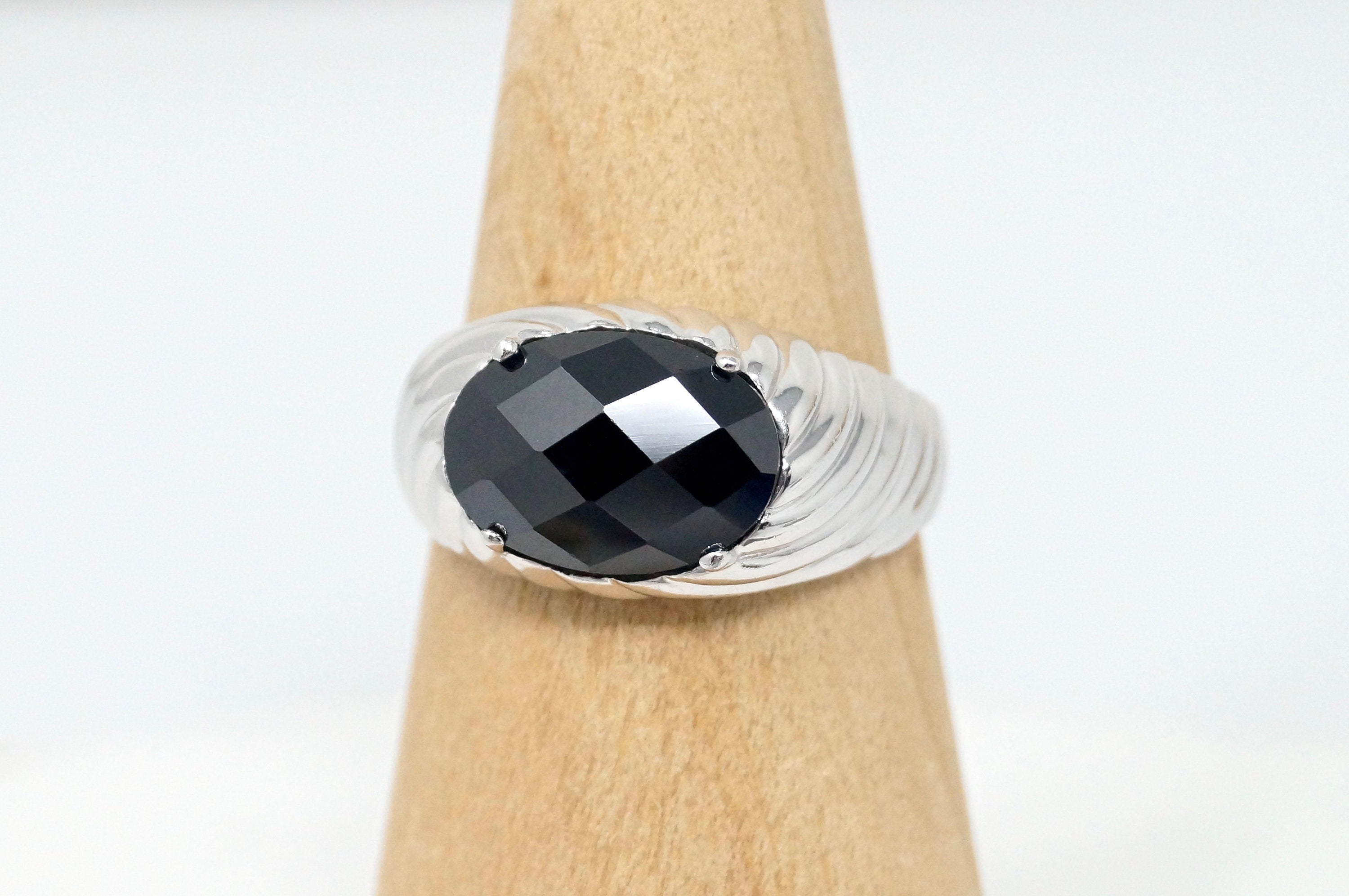 Vintage Large Oval Black Onyx Cable Cord Sterling Silver Ring - Size 12