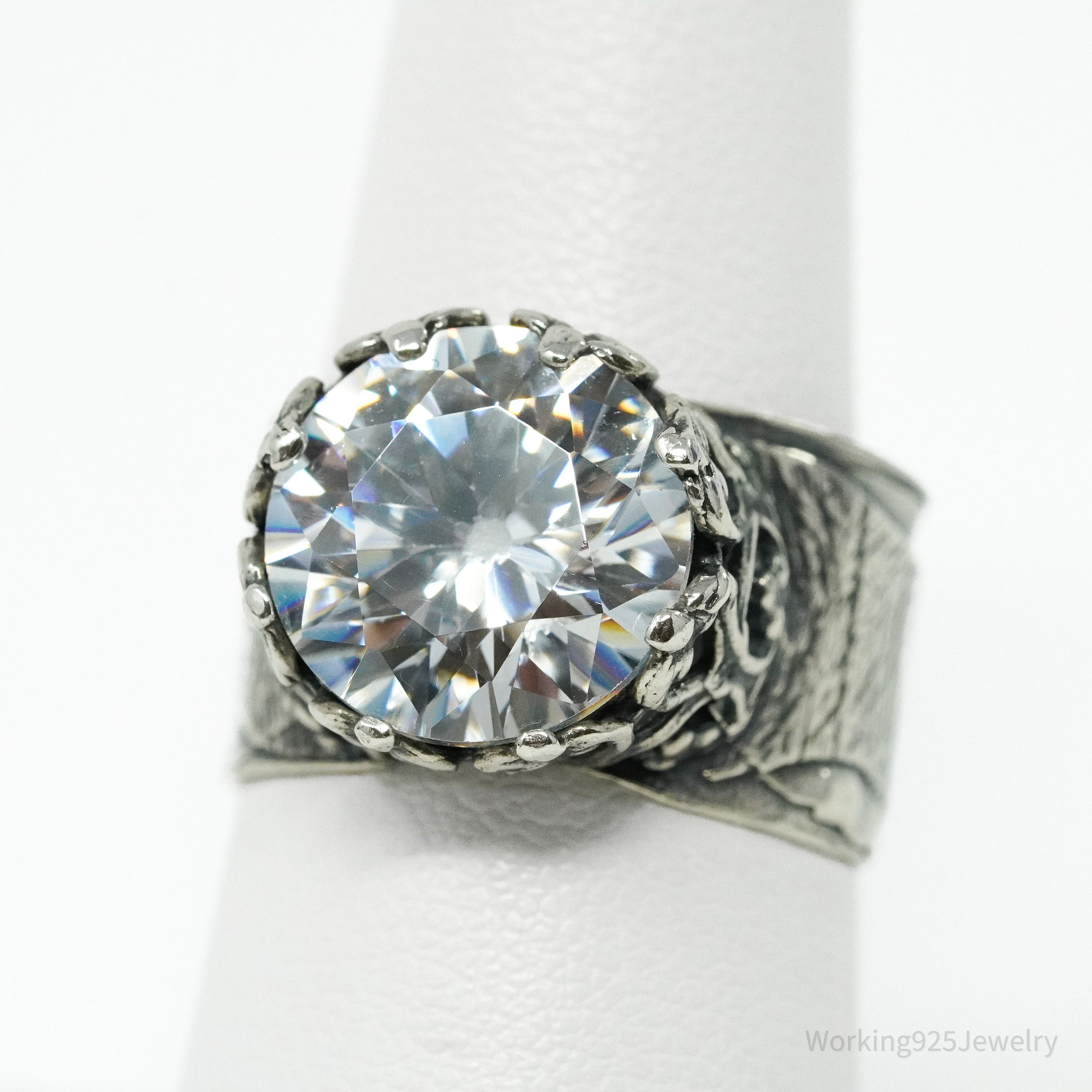 Vintage Designer Large Cubic Zirconia Sterling Silver Ring - Size 7.5