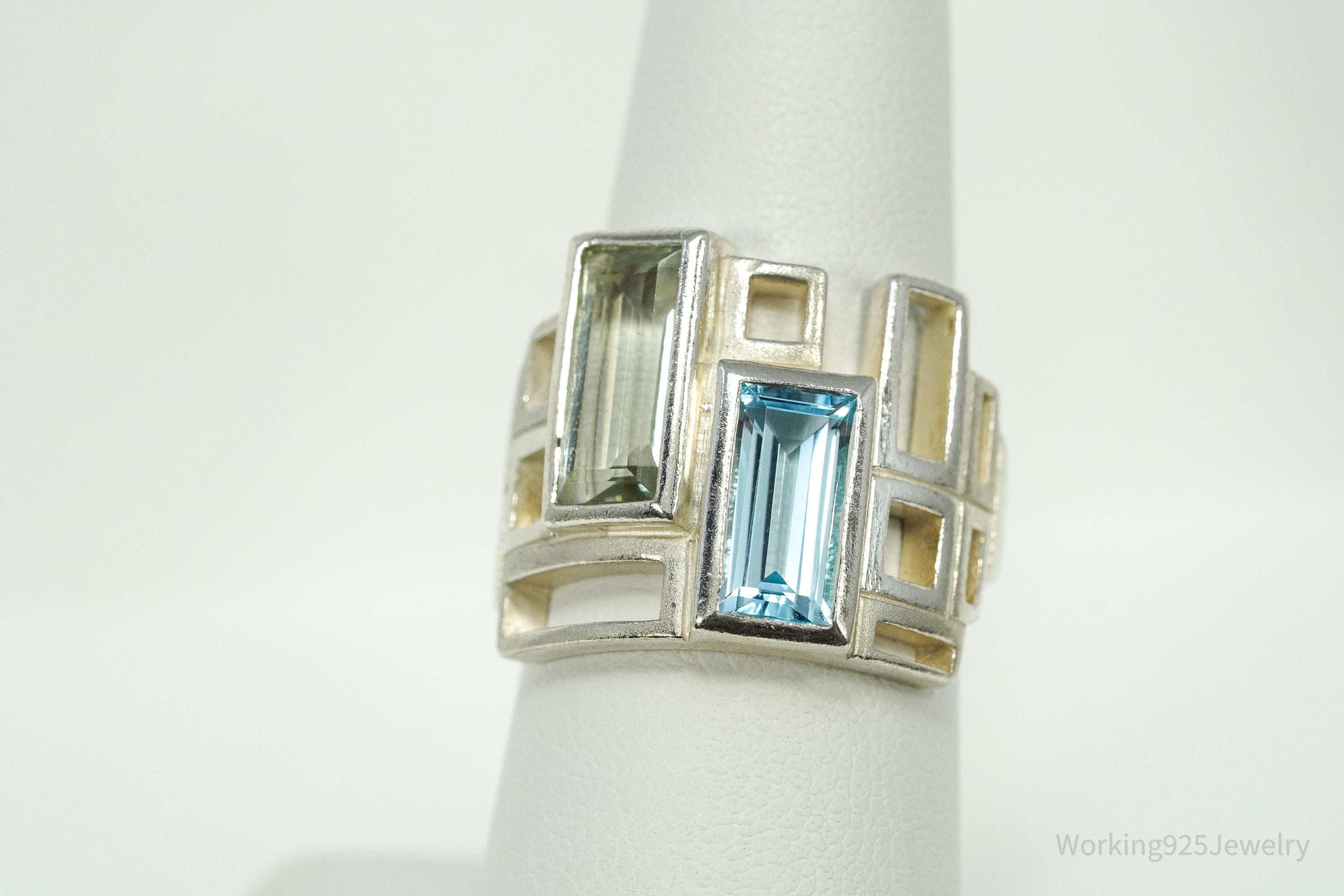 Vintage Green Amethyst & Blue Topaz Modernist Style Sterling Silver Irish Ring - Size 7.25