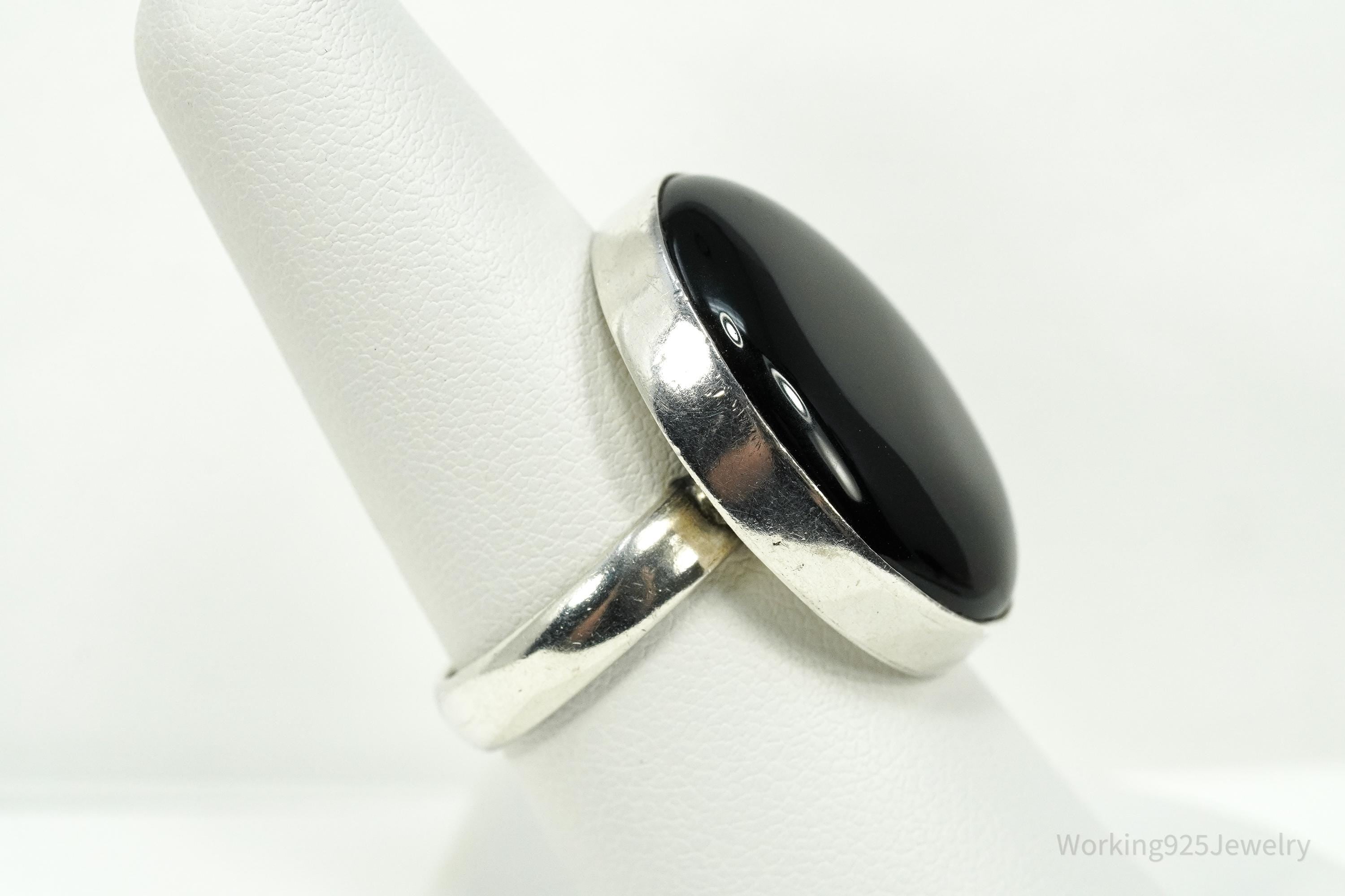 Vintage Large Black Onyx Sterling Silver Ring - Size 8.75