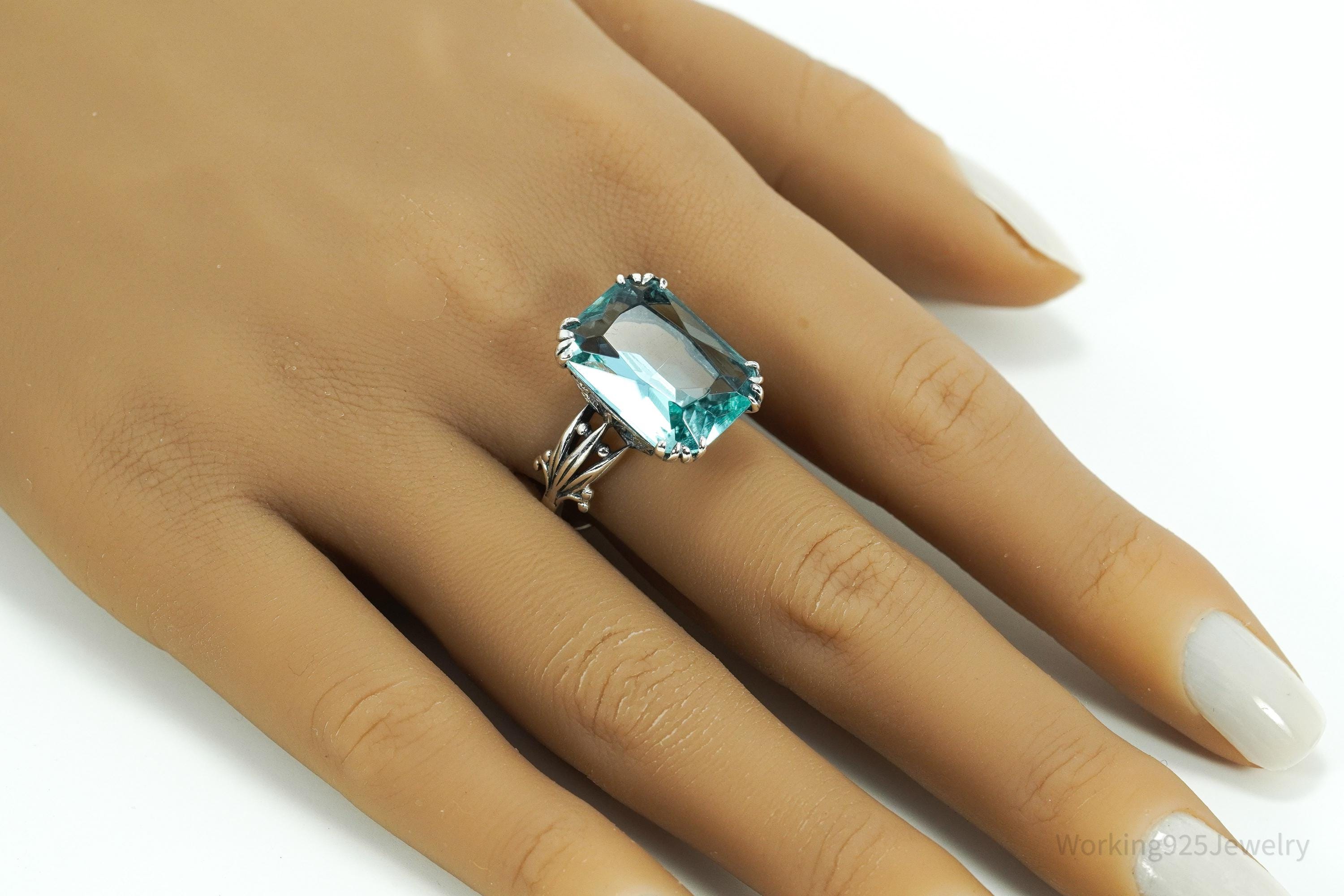 Vintage Faux Glass Blue Topaz Sterling Silver Plated Ring - Size 11.5
