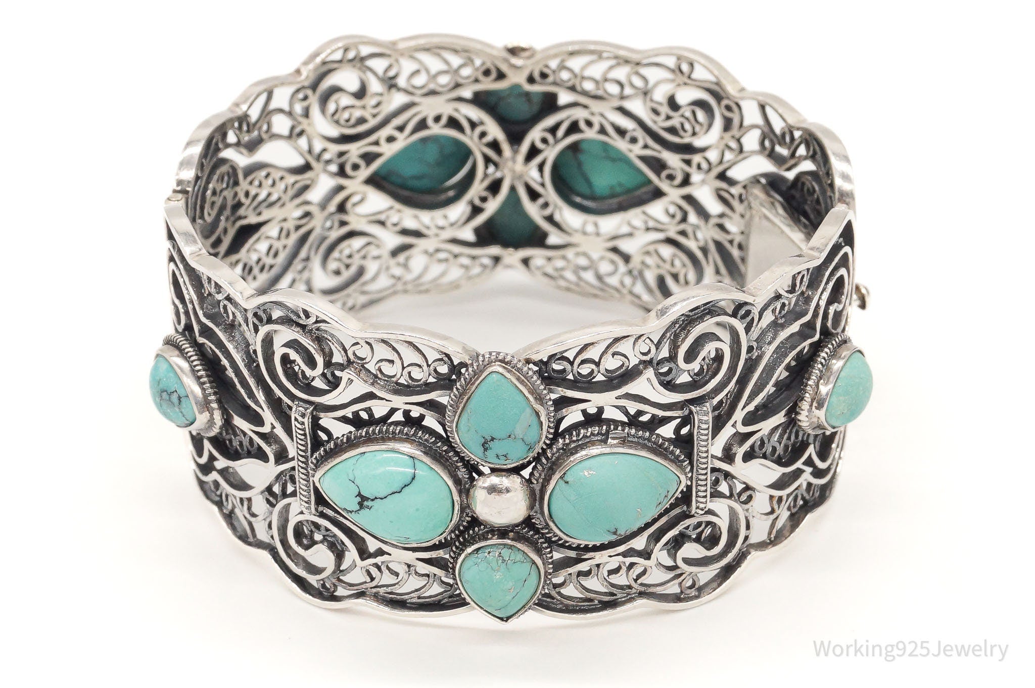 Vintage Chinese Designer BJ Turquoise Filigree Sterling Silver Cuff Bracelet