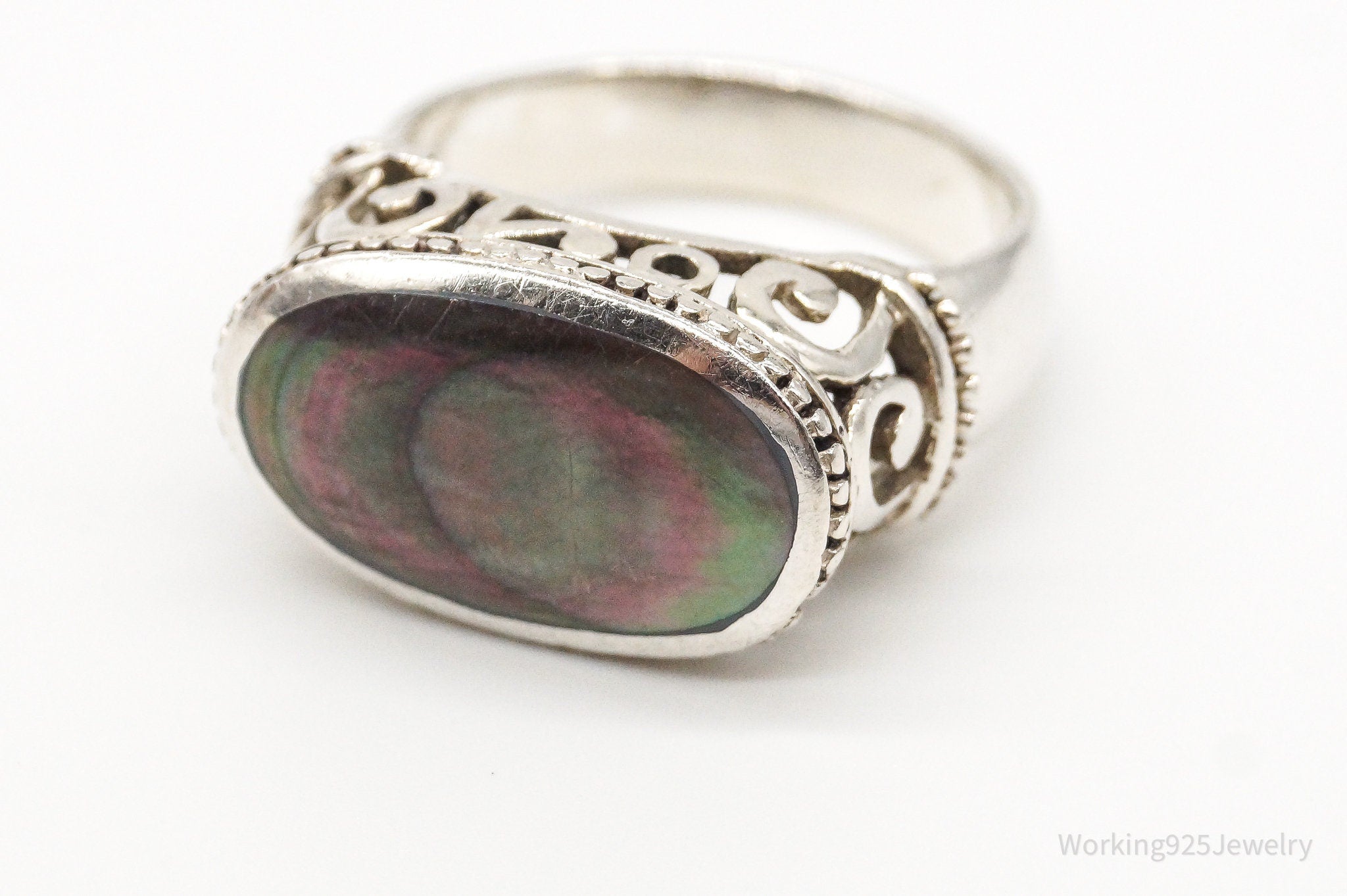 Vintage Paua Abalone Shell Sterling Silver Ring - Size 11