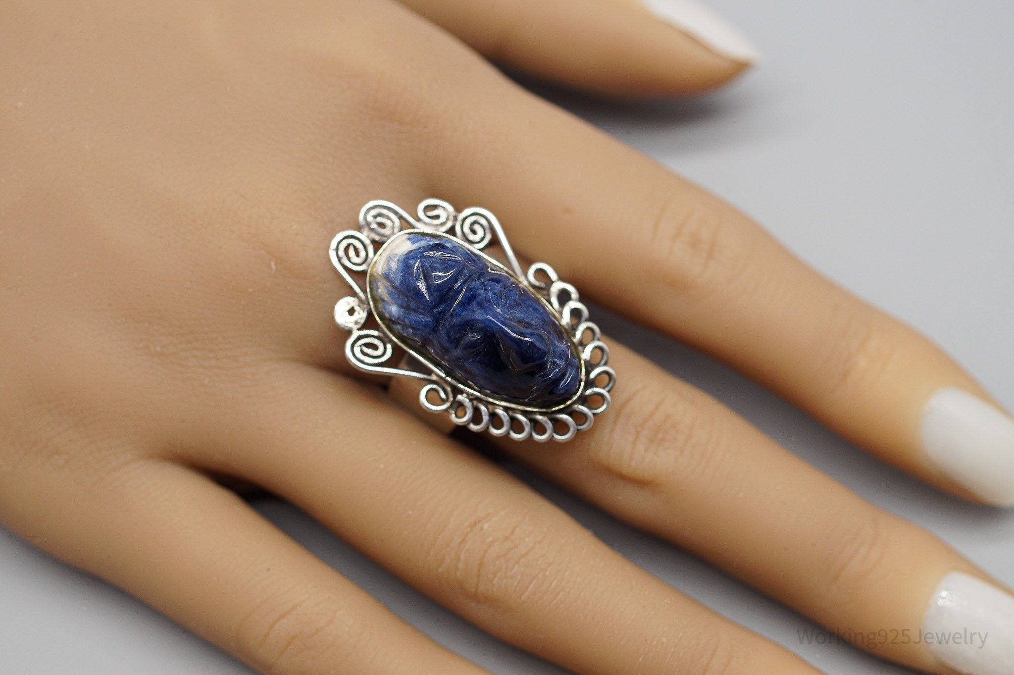 Vintage Carved Sodalite Aztec Mayan Mask Sterling Silver Ring Size 10.5