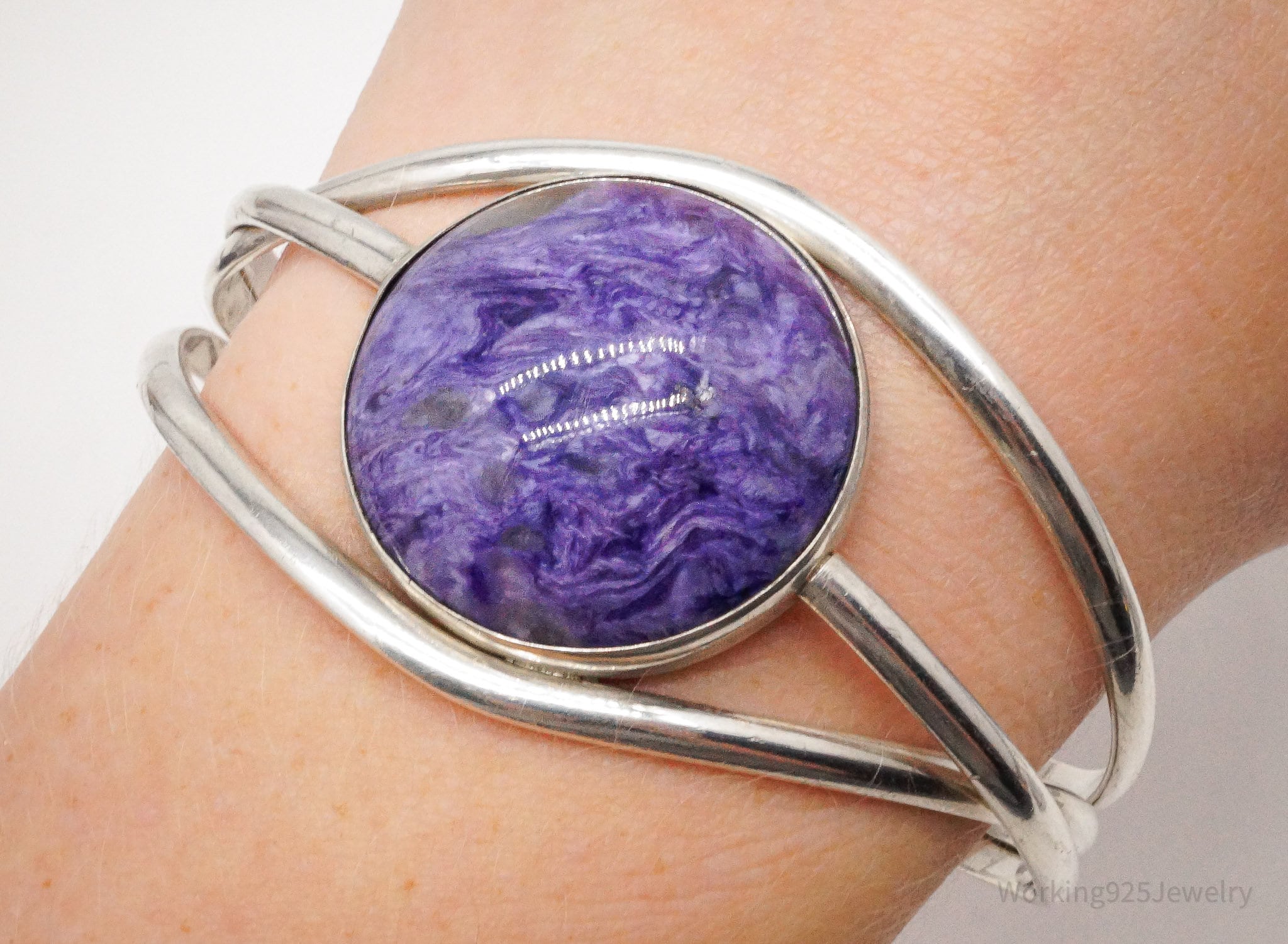 Vintage Large Charoite Modernist Style Sterling Silver Cuff Bracelet