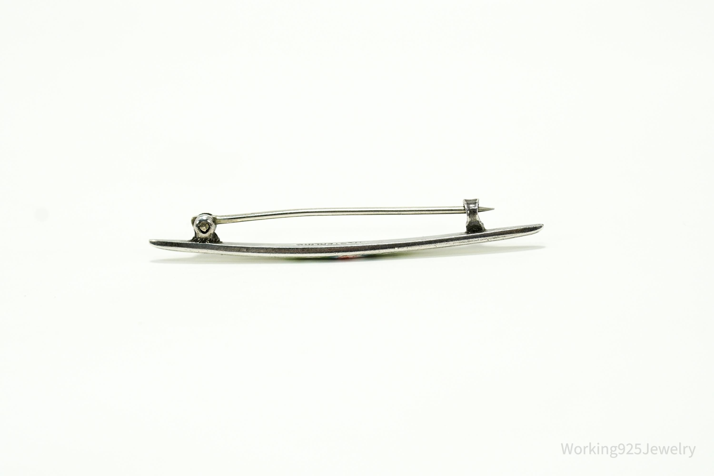 Antique Victorian Rose Guilloche Enamel Sterling Silver Brooch Pin