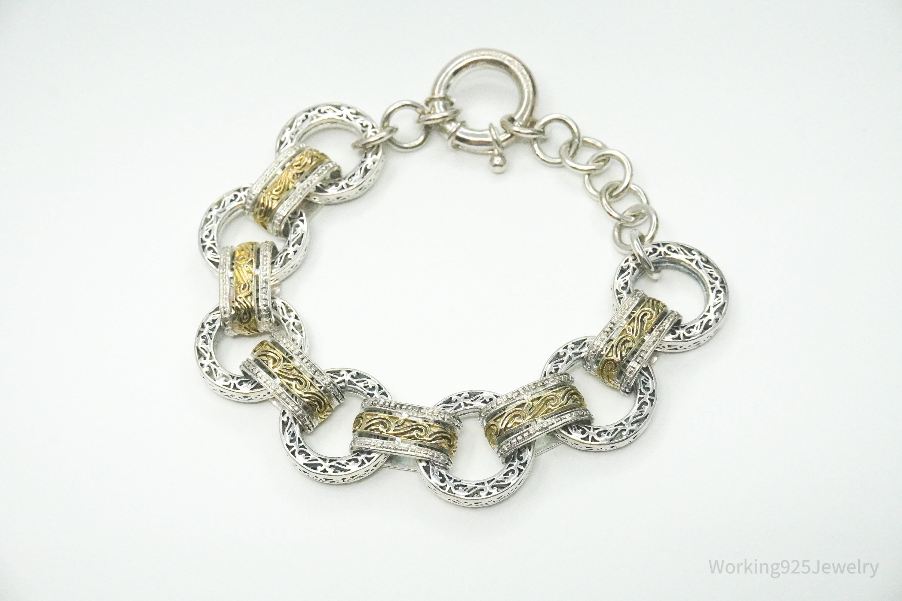 Vintage ASJ Filigree Scroll Design Large Link Gold Vermeil Sterling Silver Chain Bracelet 7 7/8"