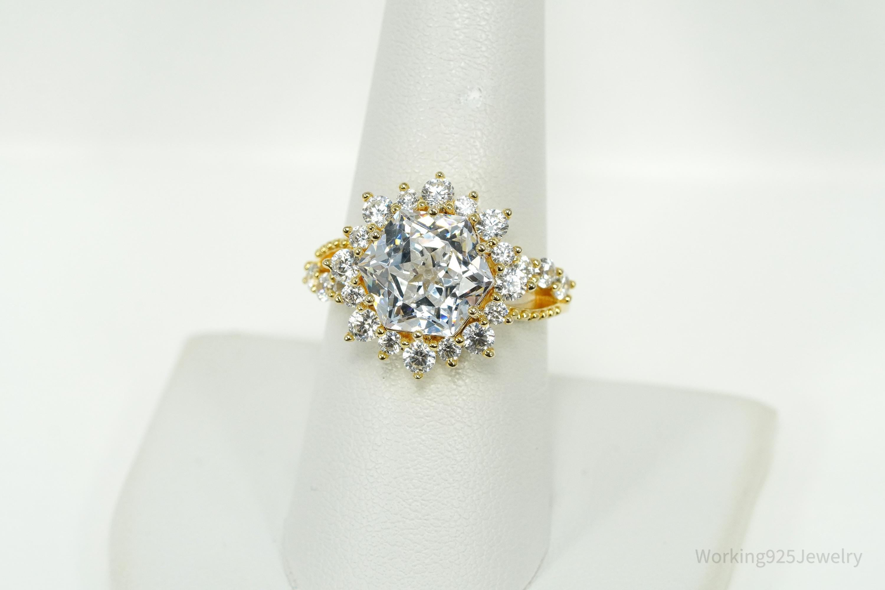 Large Cubic Zirconia Gold Over Sterling Silver Ring - Size 8