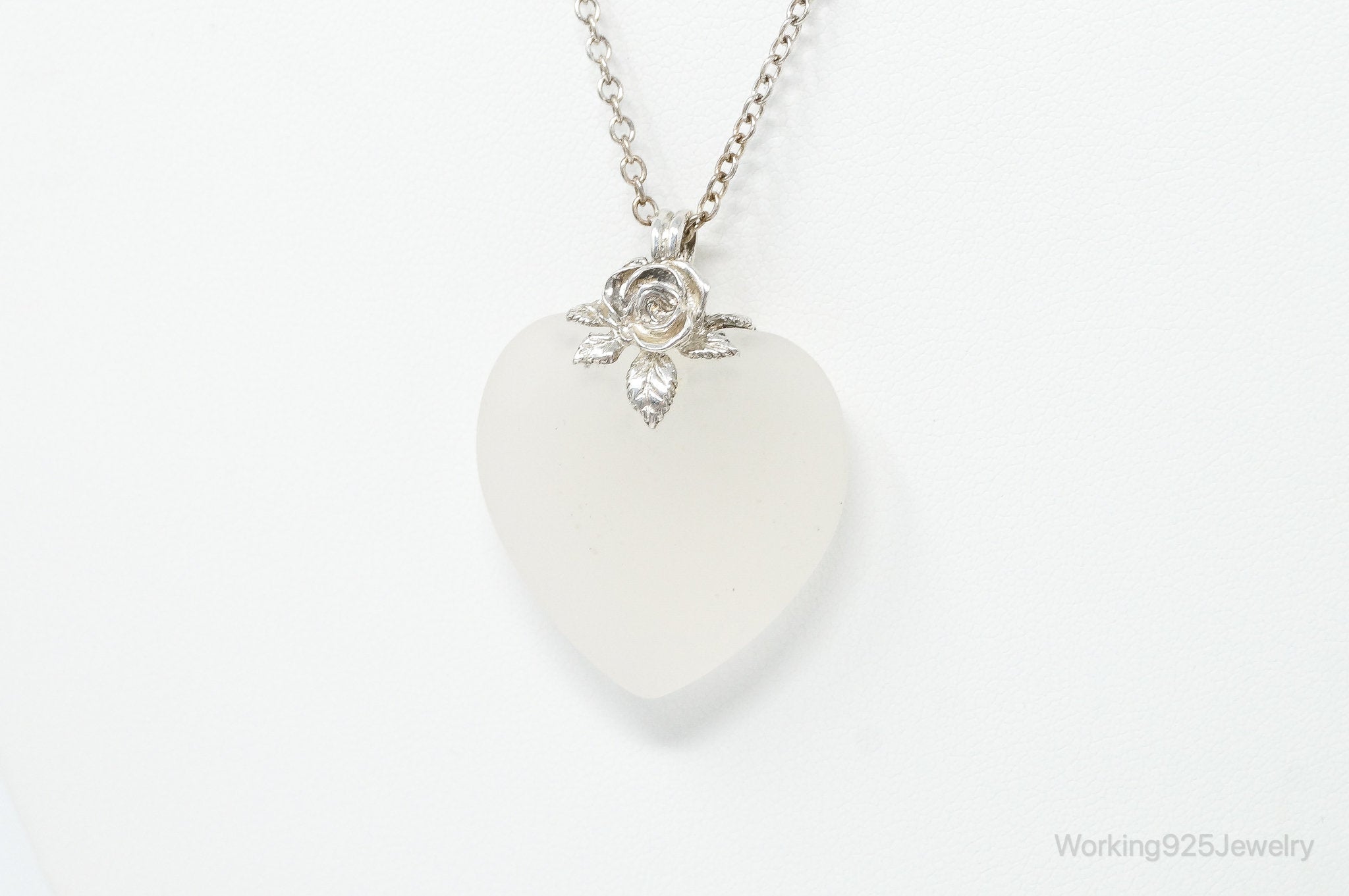 Vintage Large Frosted Glass Heart Rose Sterling Silver Necklace