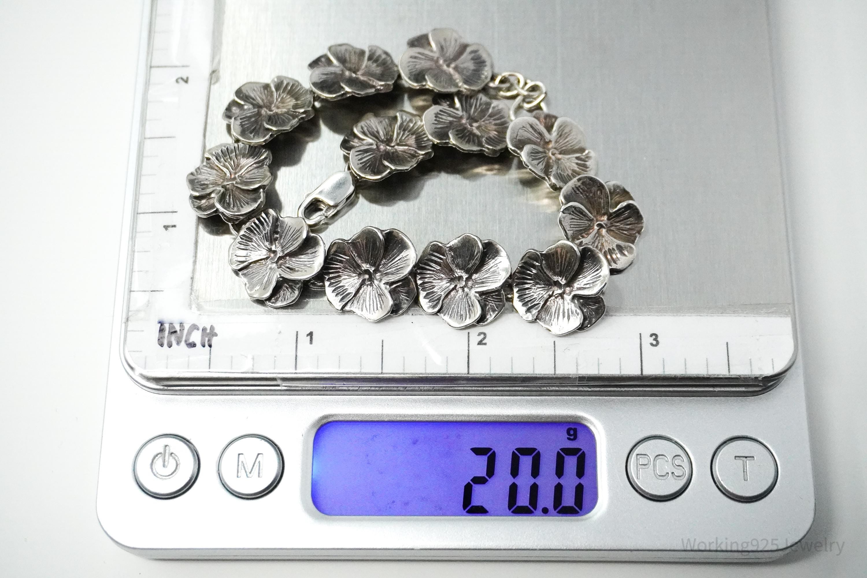 Vintage Flowers Sterling Silver Bracelet 8 1/8"