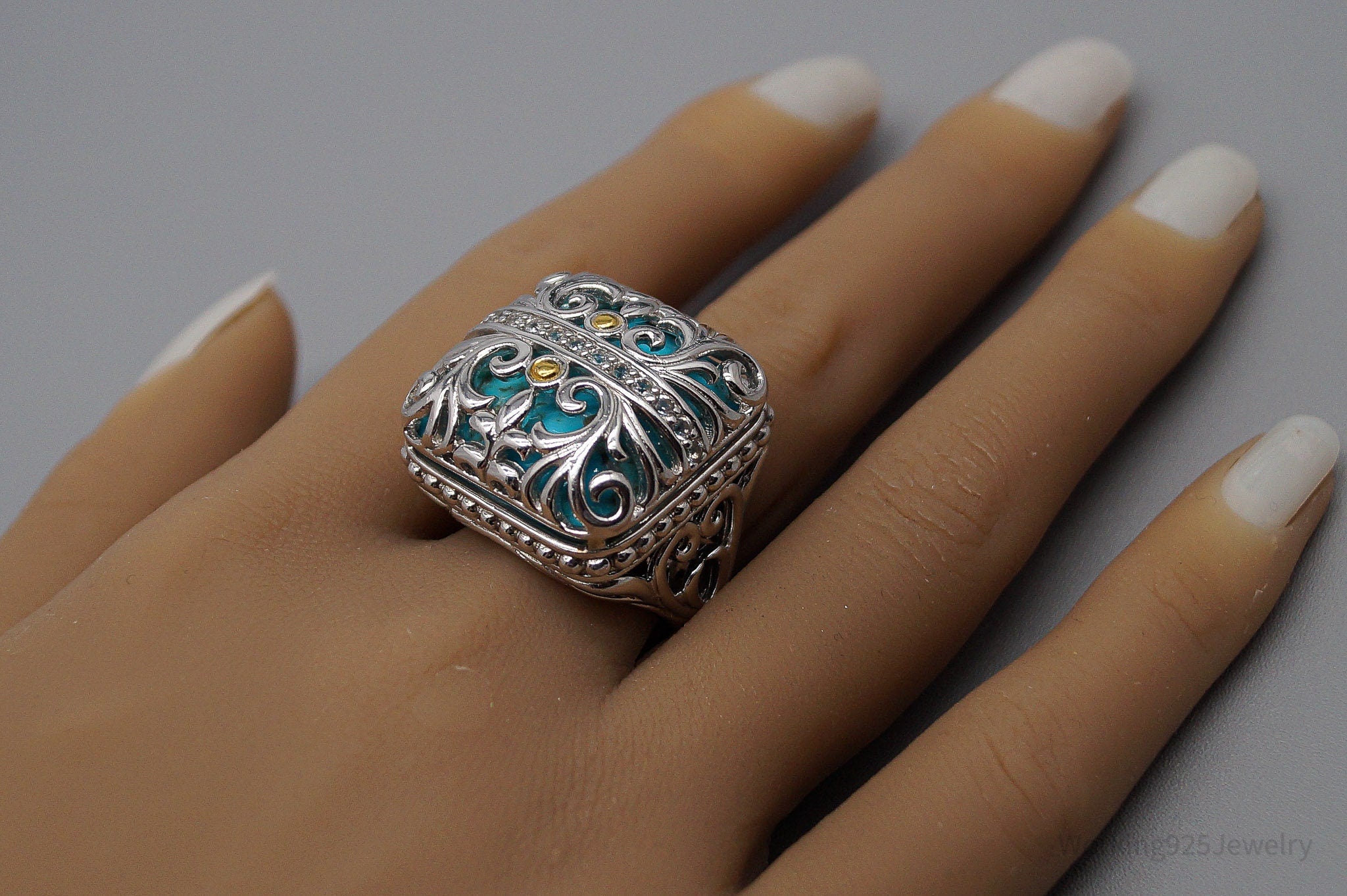 JTV DP Turquoise White Zircon Gold Sterling Silver Ring - Size 9