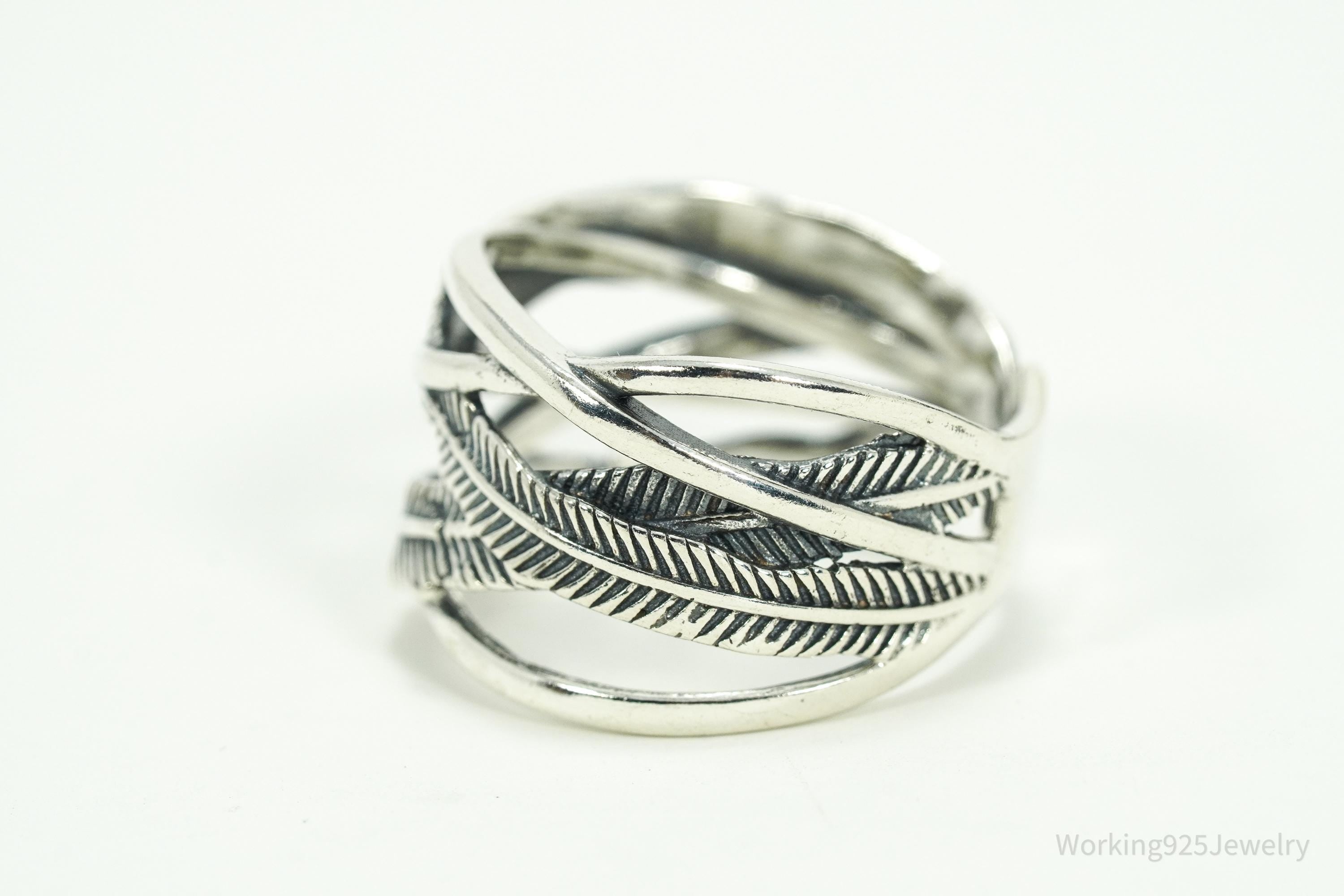 Vintage Feather Wrap Southwestern Sterling Silver Ring - Size 9.25 Adjustable