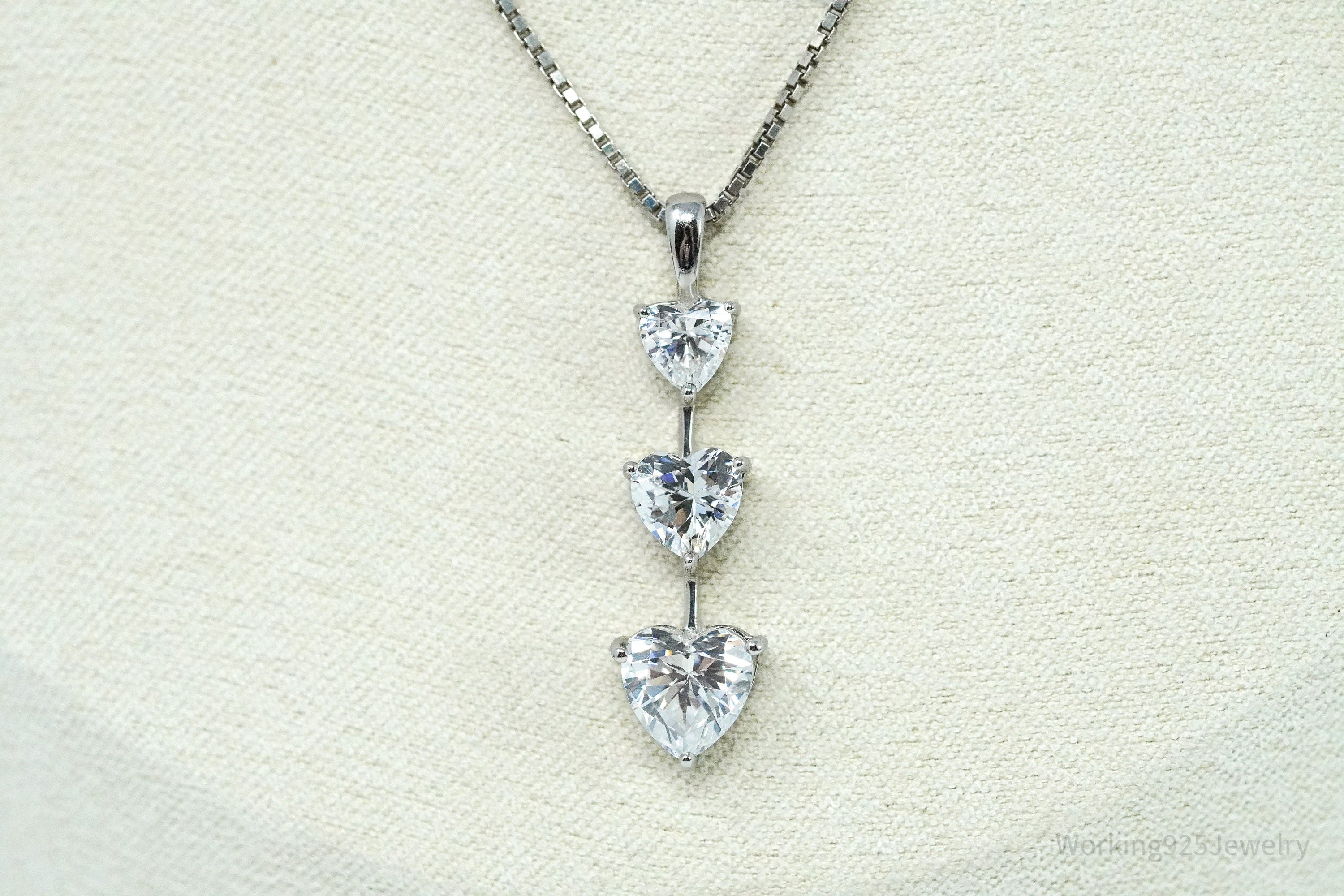 Vintage Cubic Zirconia Hearts Sterling Silver Necklace 20"