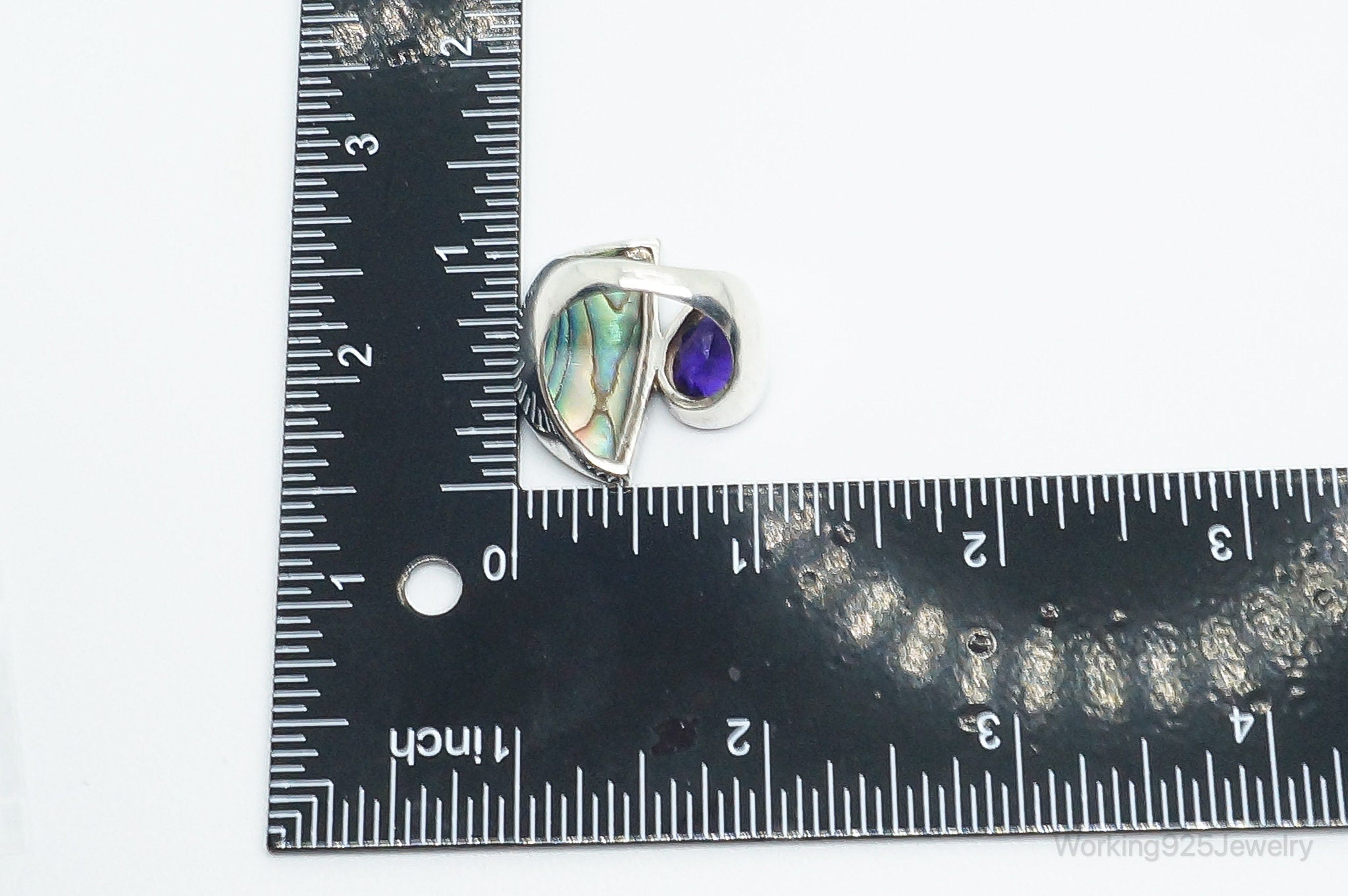 Vintage Paua Abalone Shell Amethyst Sterling Silver Ring - Size 9.25