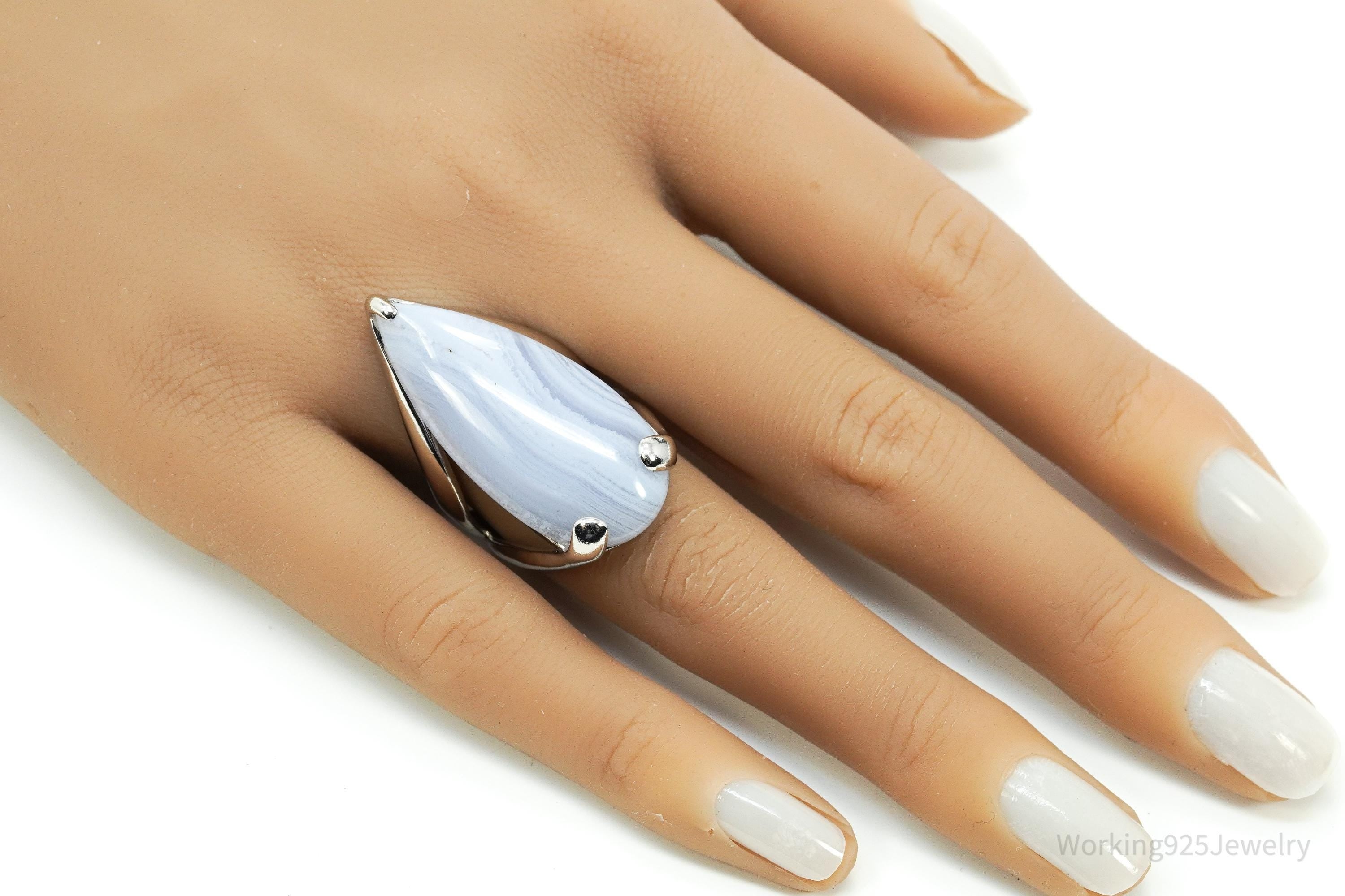 Vintage Heng Ngai Large Blue Lace Agate Sterling Silver Ring - Size 7.25