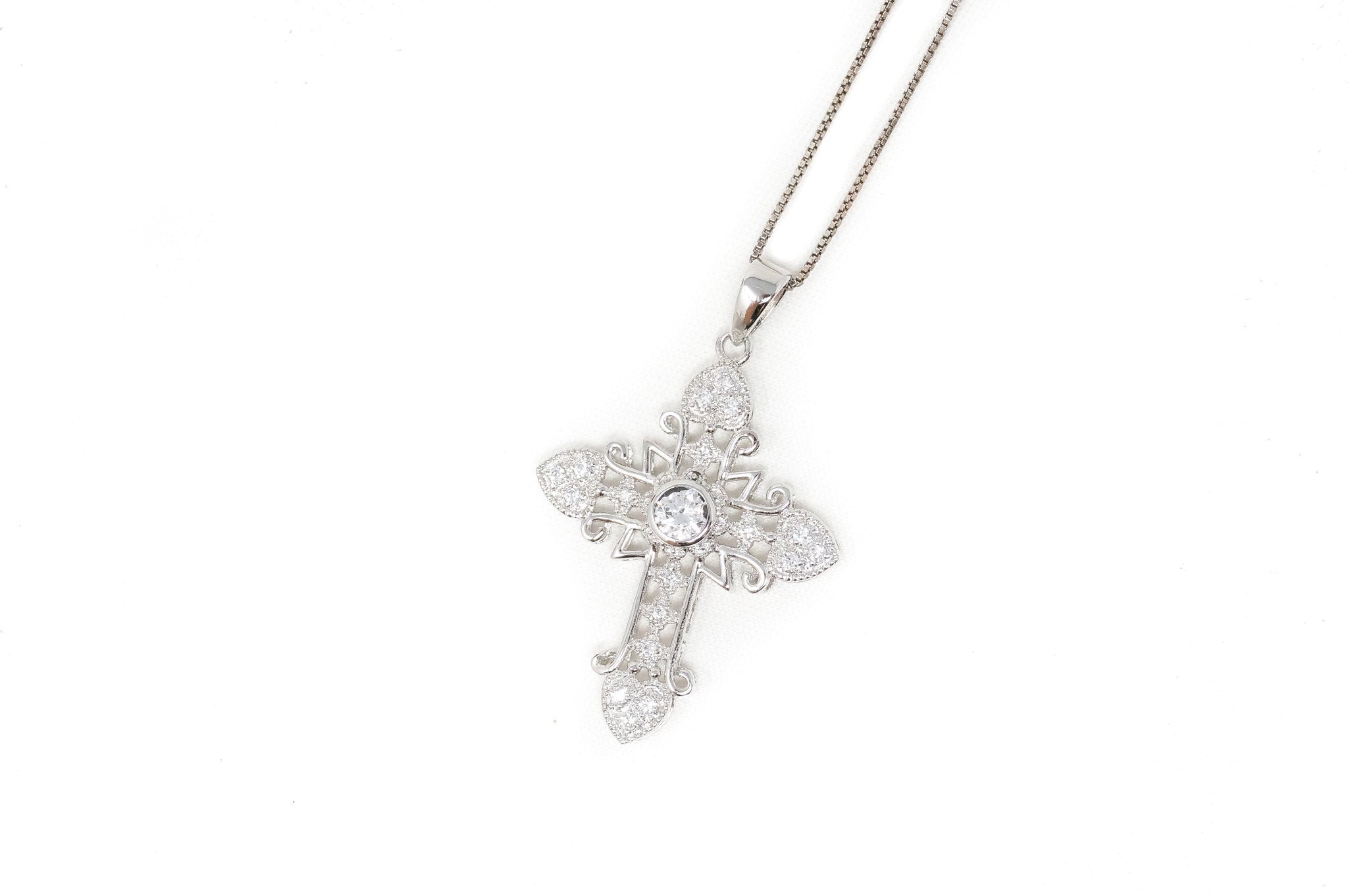 Vintage Cubic Zirconia Cross Heart Sterling Silver Pendant Necklace