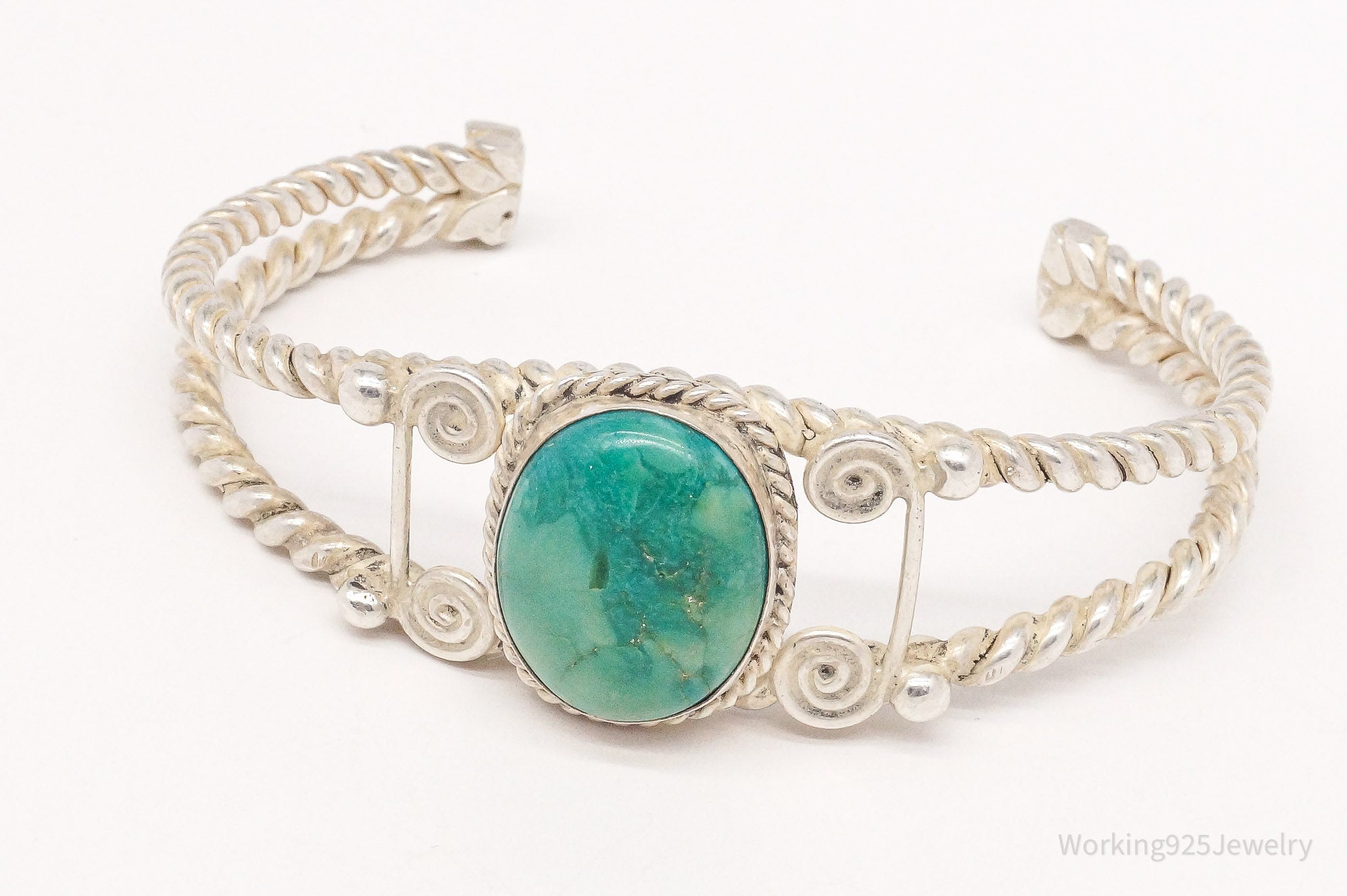 Vintage Handmade Filigree Turquoise Rope Design Silver Cuff Bracelet