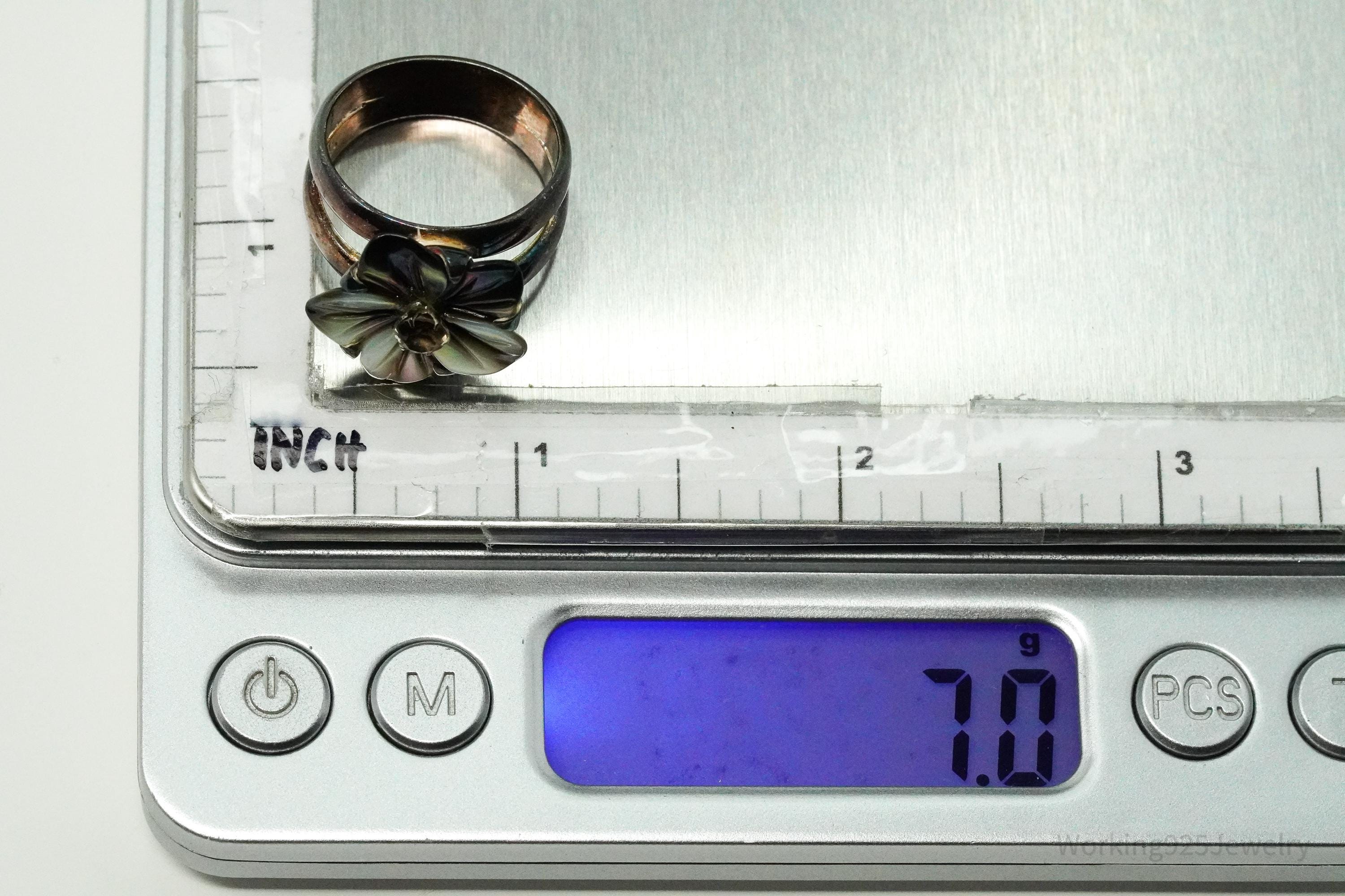 Vintage Black Mother Of Pearl & Smoke Topaz Flower Sterling Silver Ring - Size 8