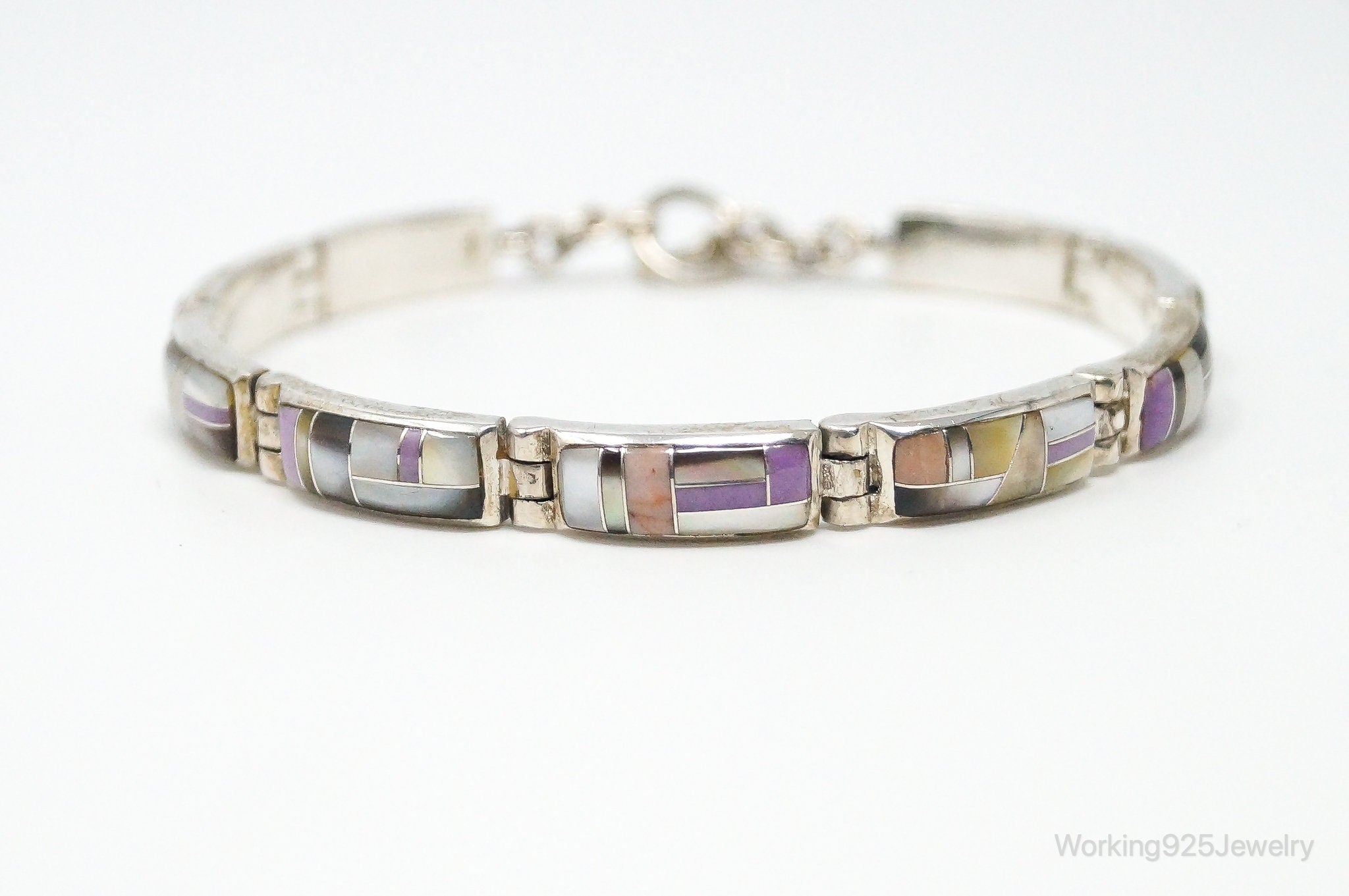 Vintage Native American Unsigned Multi Gem Inlay Sterling Silver Bracelet