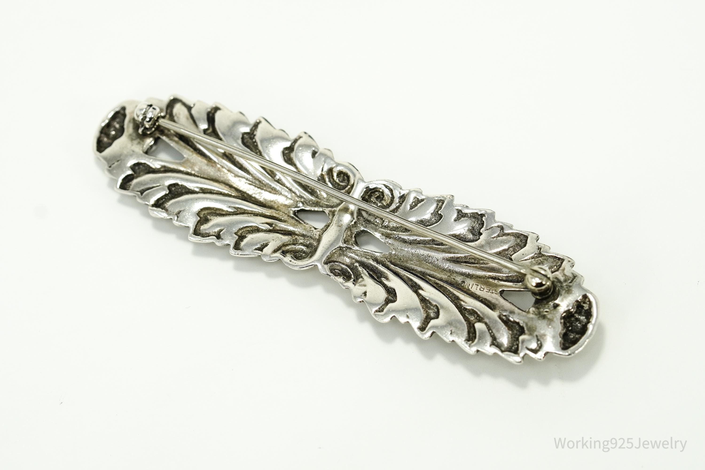 Large Vintage Mid Century Floral Sterling Silver Brooch Pin 3"