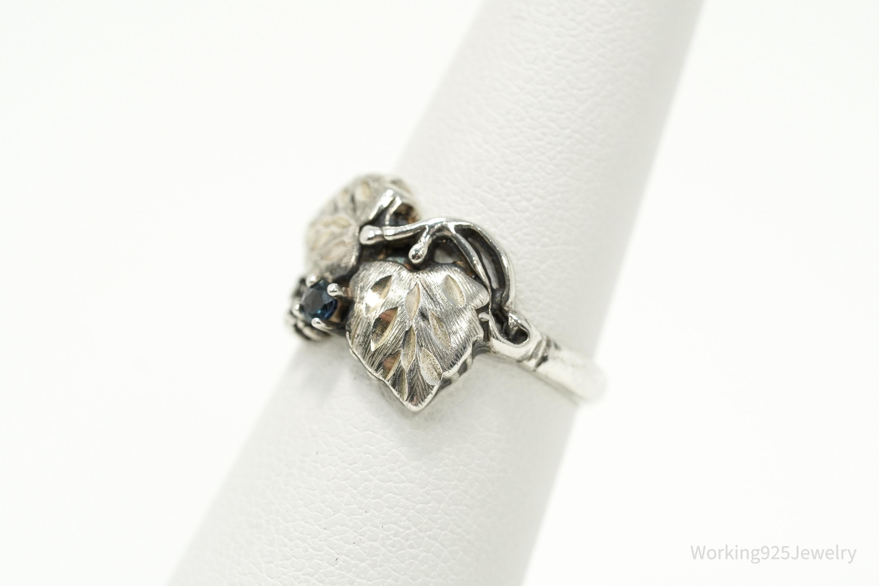Vintage Sapphire Grape Leaf Sterling Silver Ring - Size 6