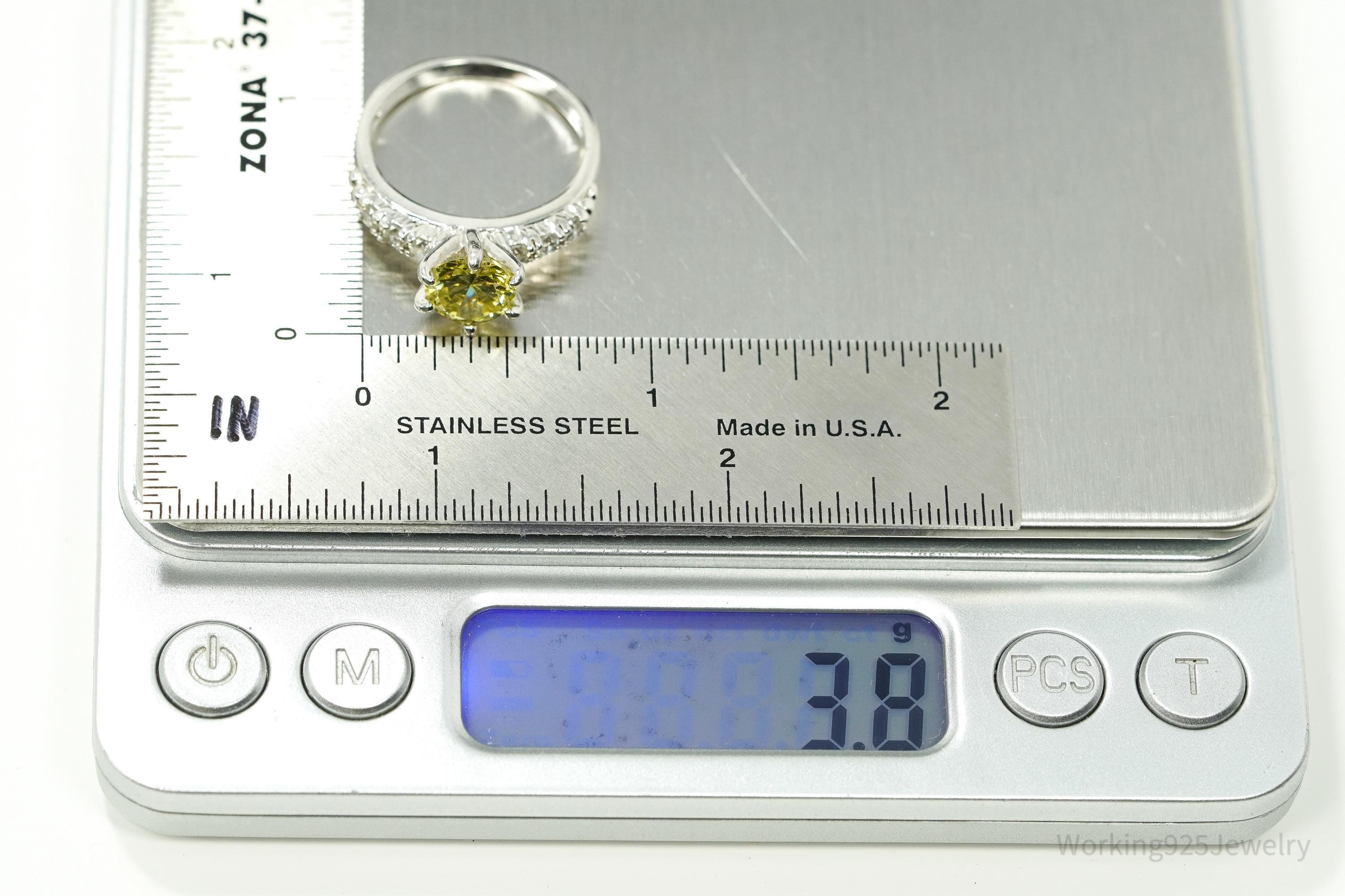 Vintage Yellow & White Cubic Zirconia Silver Ring - Size 9